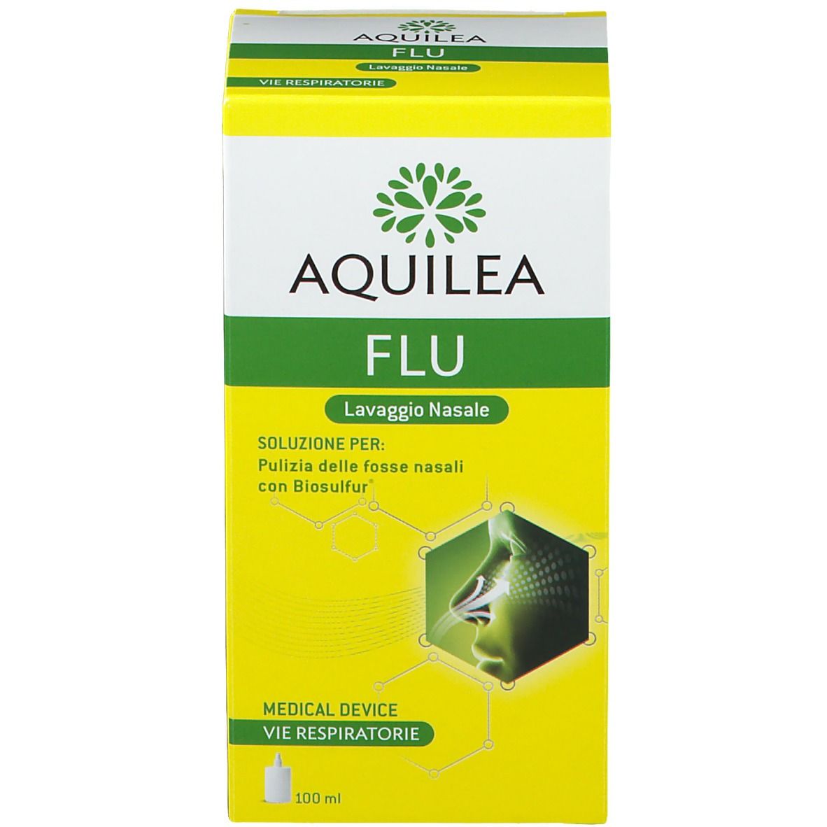 Confezione del prodotto. Testo: AQUILEA FLU. Lavaggio nasale. 100 ml. Dispositivo medico. Profilo.