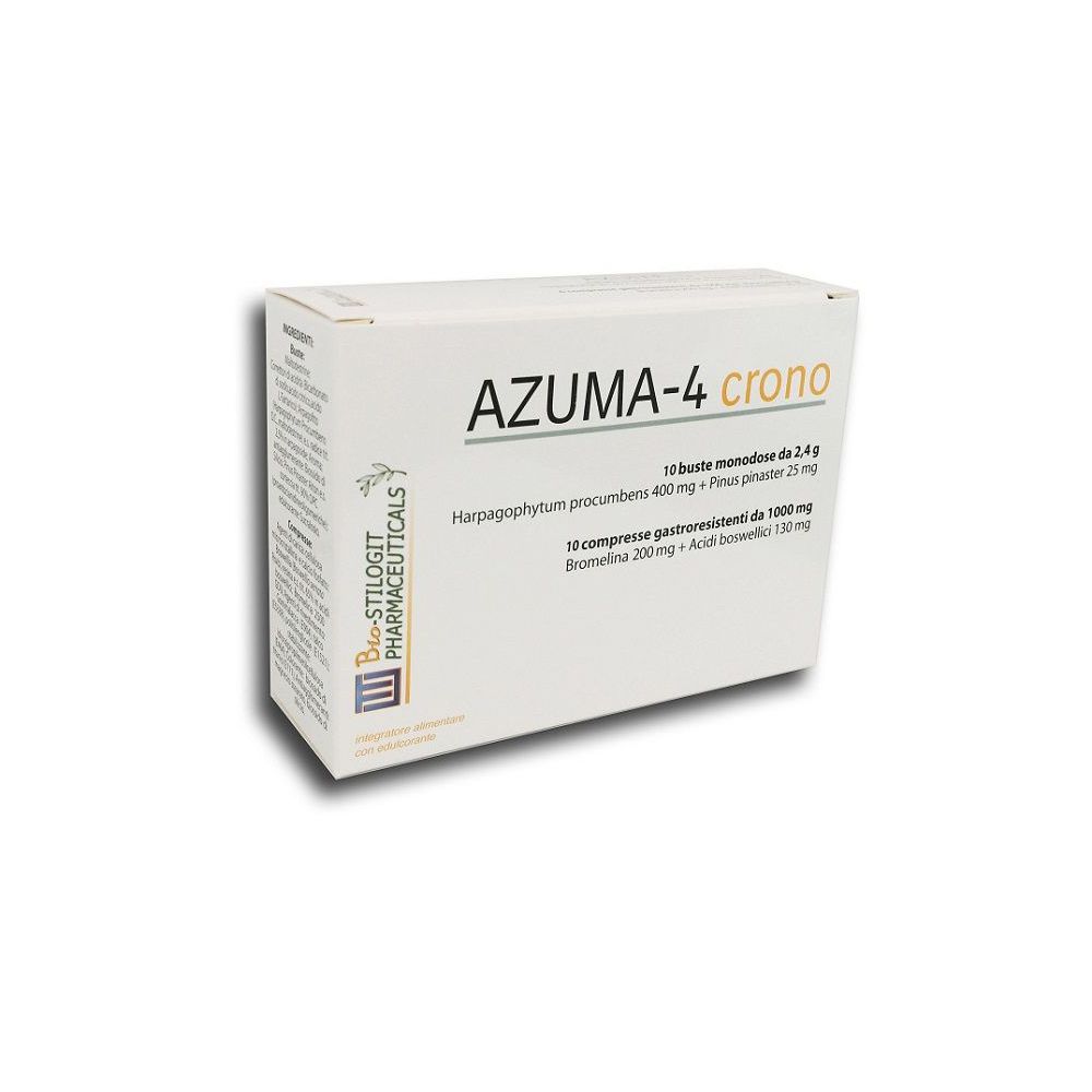 Scatola bianca con scritta AZUMA-4 crono. Contiene 10 bustine e 10 compresse. Logo Bio-Stilgot Pharmaceuticals.