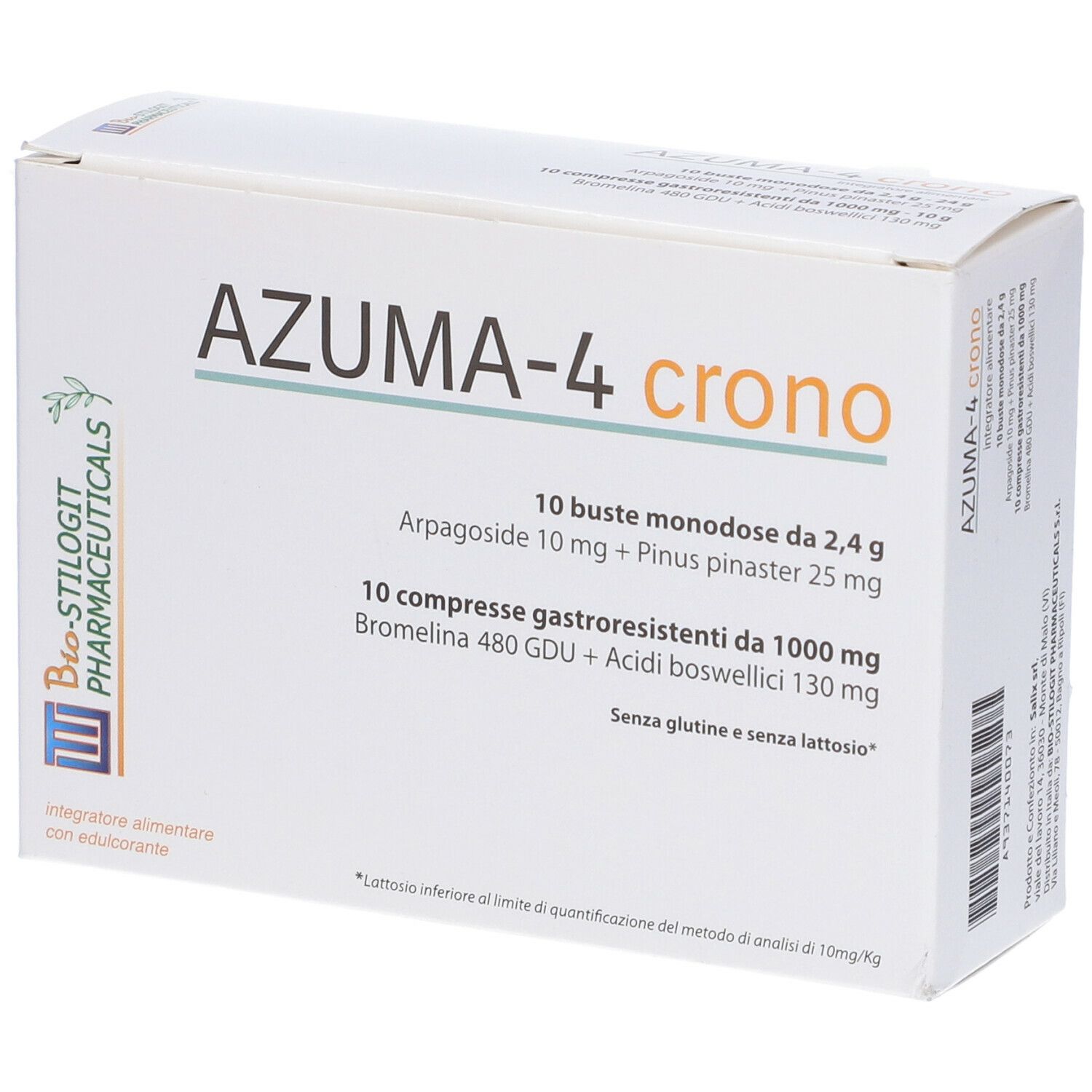 Scatola bianca con scritta AZUMA-4 crono. Contiene 10 bustine e 10 compresse. Testo: Senza glutine e senza lattosio.