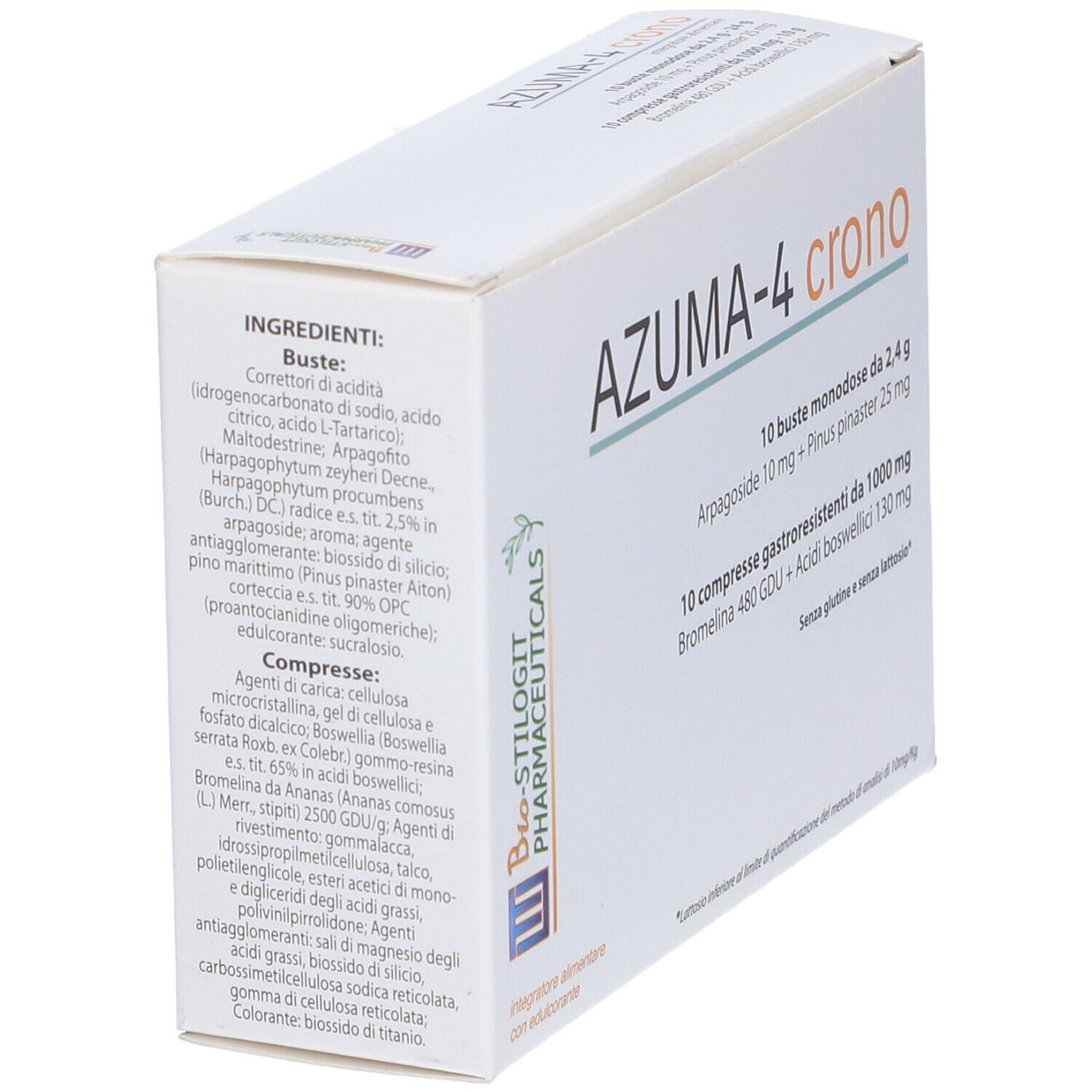 Scatola bianca con scritta AZUMA-4 crono. Elenco ingredienti sul lato sinistro. Logo Bio-Stilgot Pharmaceuticals.
