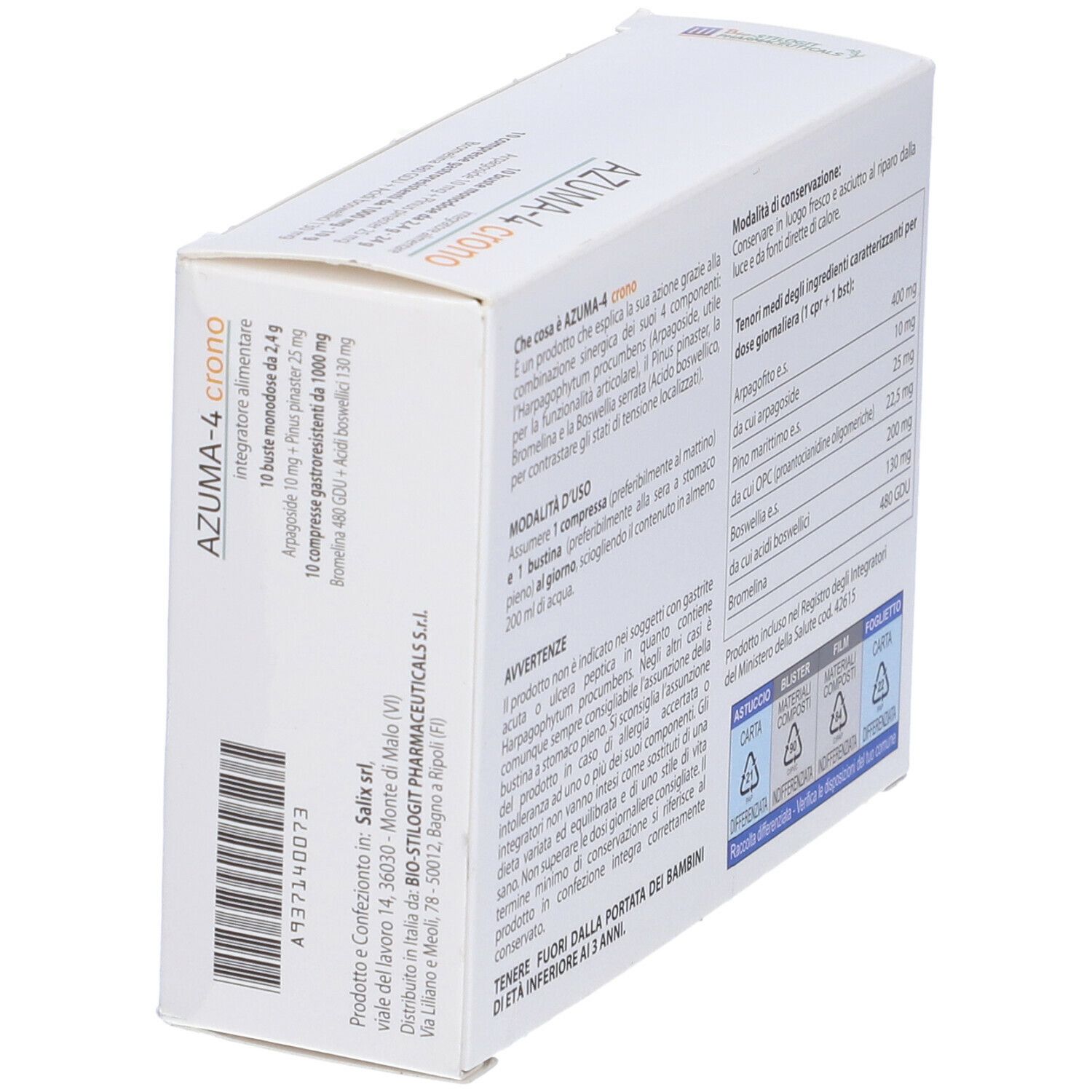 Scatola bianca con scritta AZUMA-4 crono. Retro con informazioni e codice a barre. Logo Bio-Stilgot Pharmaceuticals.