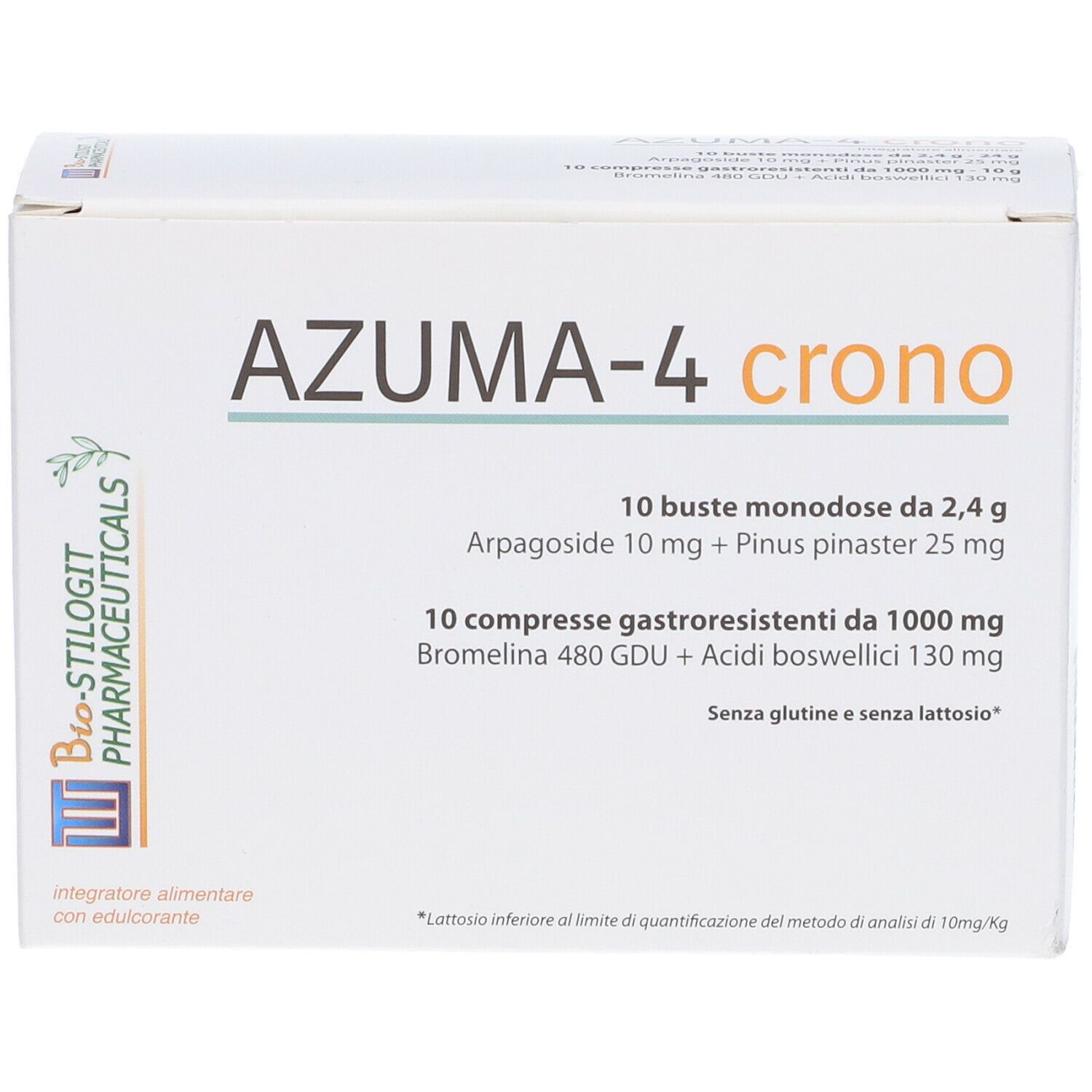 Scatola bianca con scritta AZUMA-4 crono. Contiene 10 bustine e 10 compresse. Logo Bio-Stilgot Pharmaceuticals.