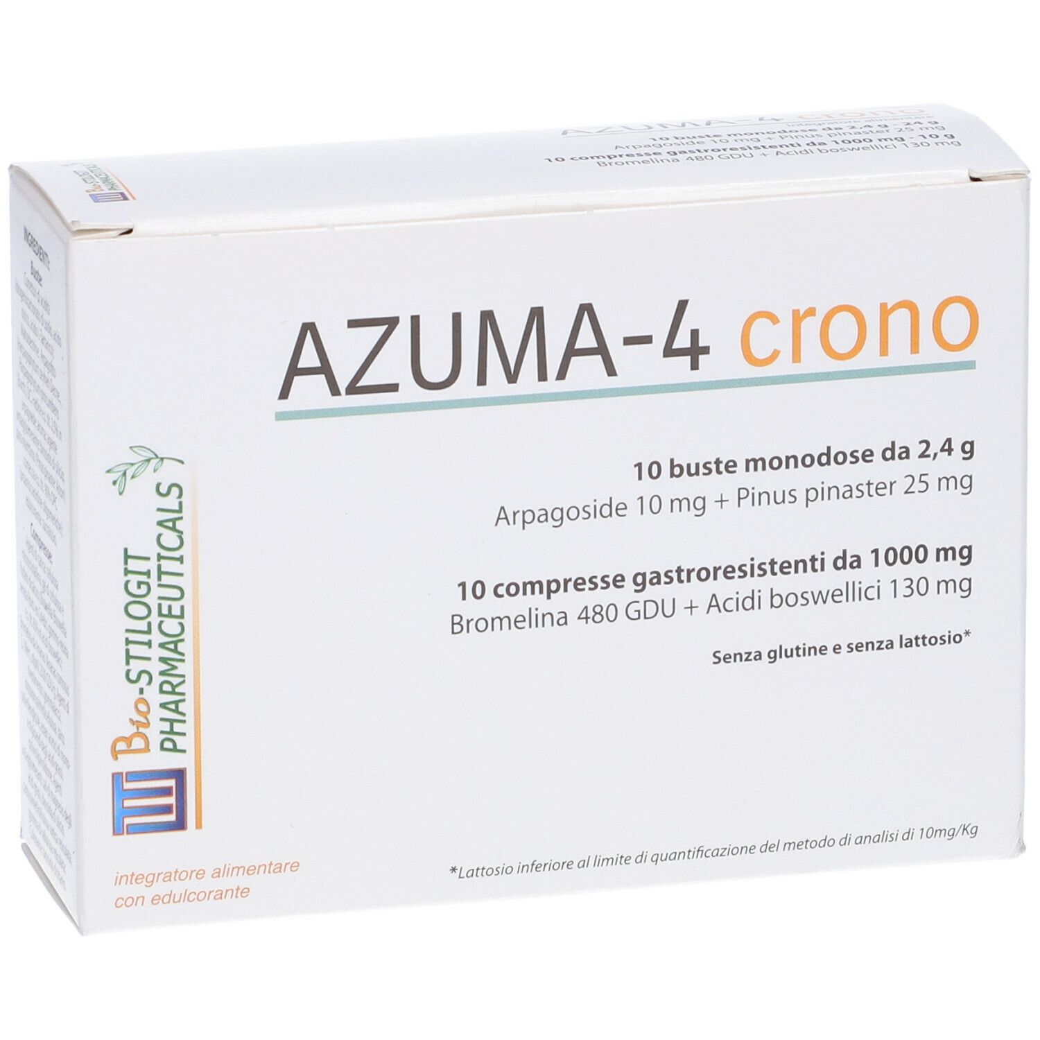 Scatola bianca con scritta AZUMA-4 crono. Contiene 10 bustine e 10 compresse. Testo: Senza glutine e senza lattosio.