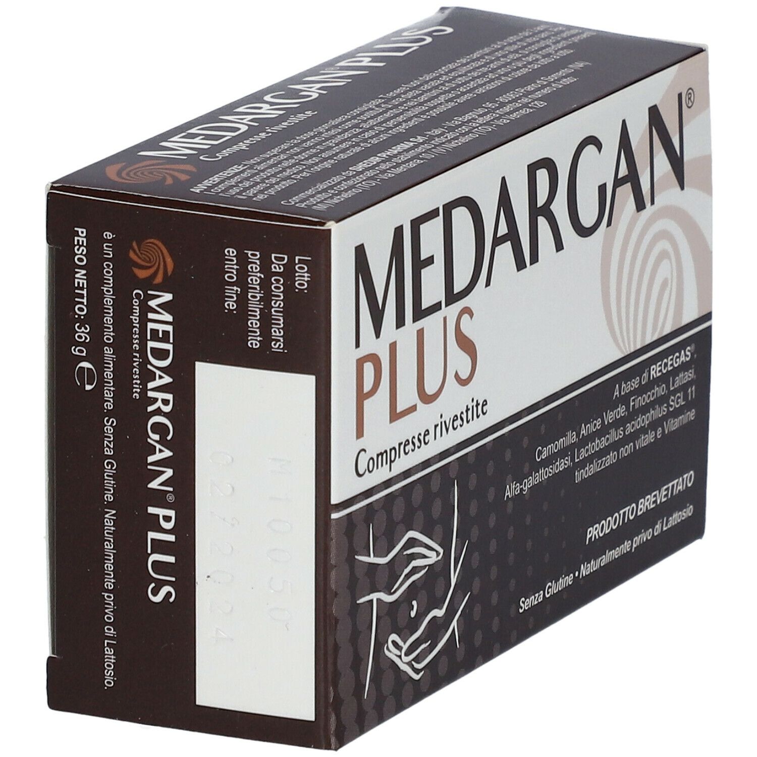 Scatola MEDARGAN PLUS Compresse Rivestite. Scritte: «Senza Glutine», «Prodotto brevettato». Peso: 36 g. Illustrazione: mani e addome.