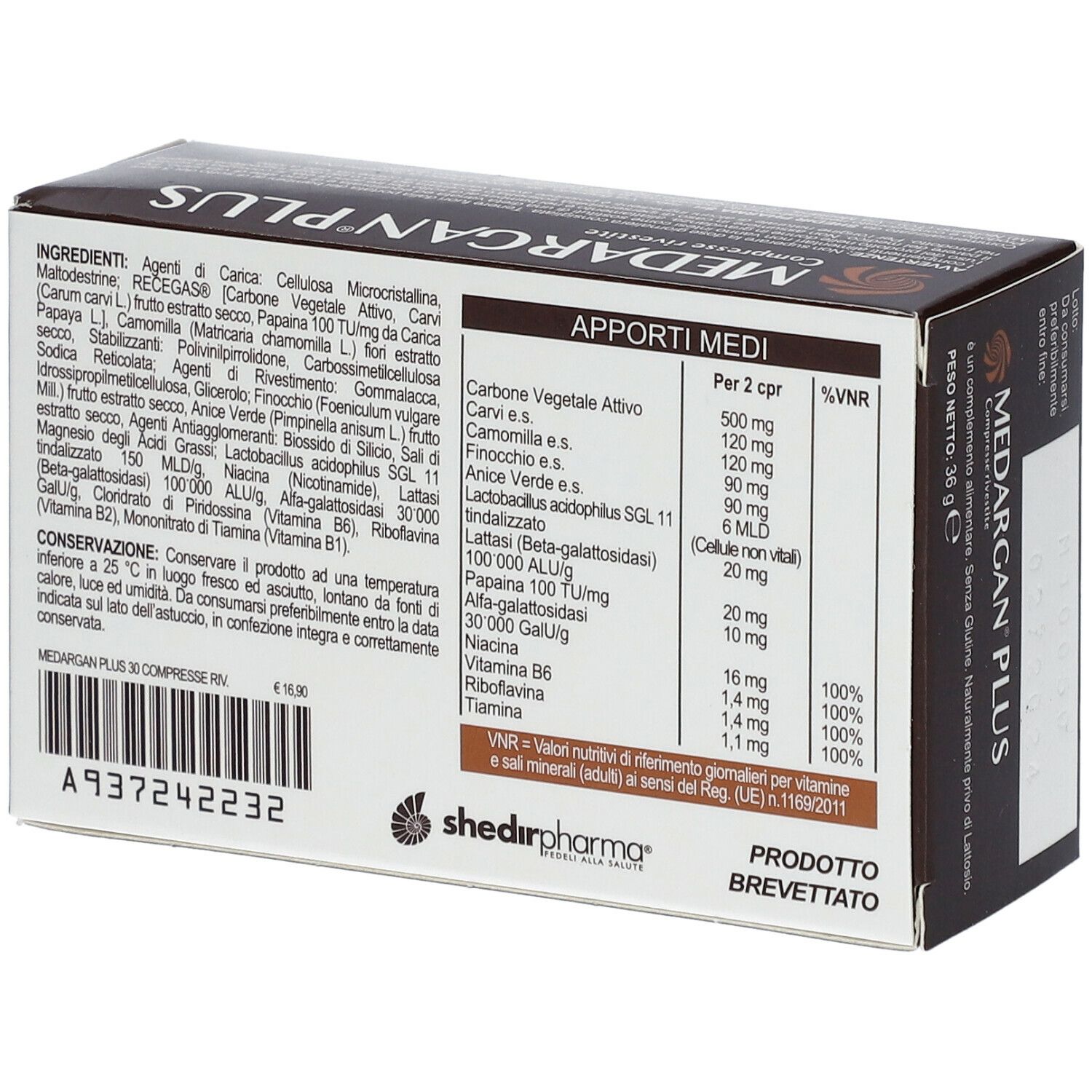 Retro della scatola MEDARGAN PLUS Compresse Rivestite. Elenco ingredienti e informazioni nutrizionali. «Prodotto brevettato».