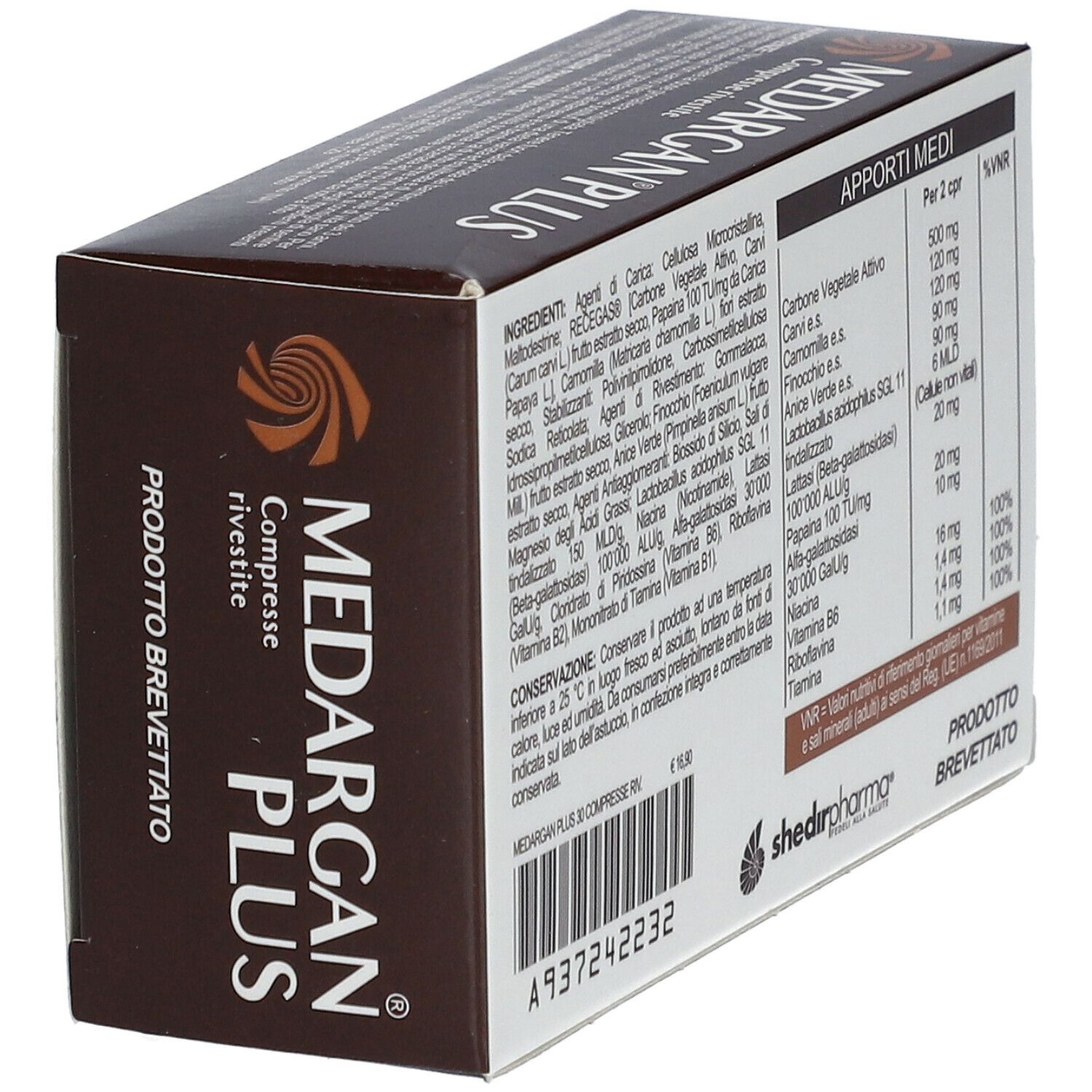Scatola MEDARGAN PLUS Compresse Rivestite. Scritta: «Prodotto brevettato». Elenco ingredienti e informazioni nutrizionali.