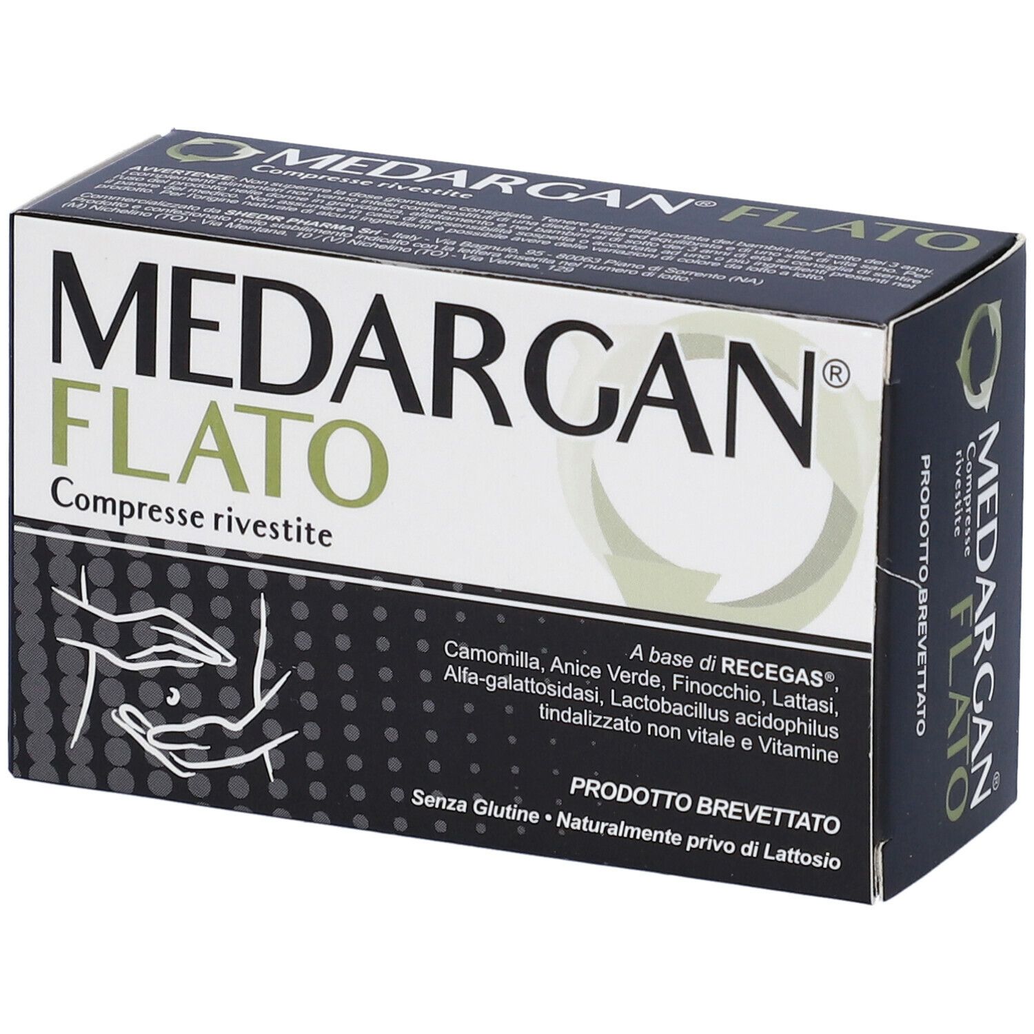 Scatola MEDARGAN FLATO, scritta verde. Illustrazione di un ventre. Testo: Compresse rivestite, PRODOTTO BREVETTATO.