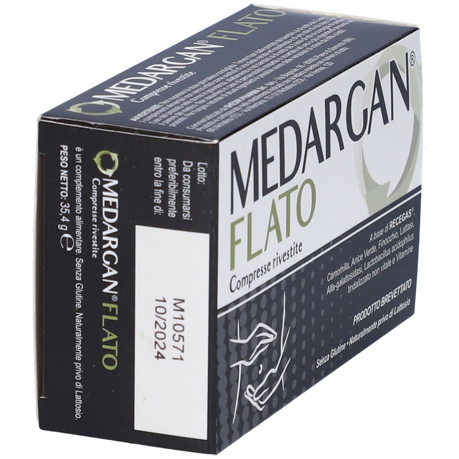 Scatola MEDARGAN FLATO, scritta nera. Testo: Compresse rivestite, PRODOTTO BREVETTATO. Scadenza: 10/2024. Peso: 35,4 g.