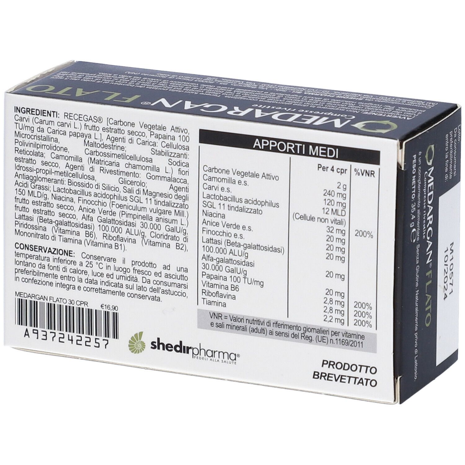 Scatola MEDARGAN FLATO. Elenco ingredienti e informazioni nutrizionali. Testo: PRODOTTO BREVETTATO. Logo del produttore.