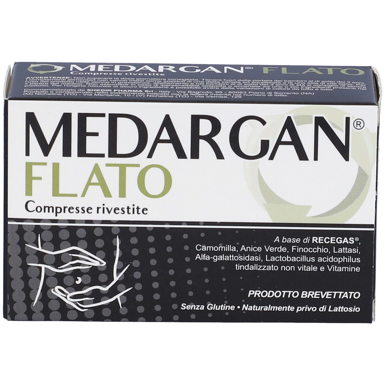 Scatola MEDARGAN FLATO, scritta verde. Illustrazione di un ventre. Testo: Compresse rivestite, PRODOTTO BREVETTATO.