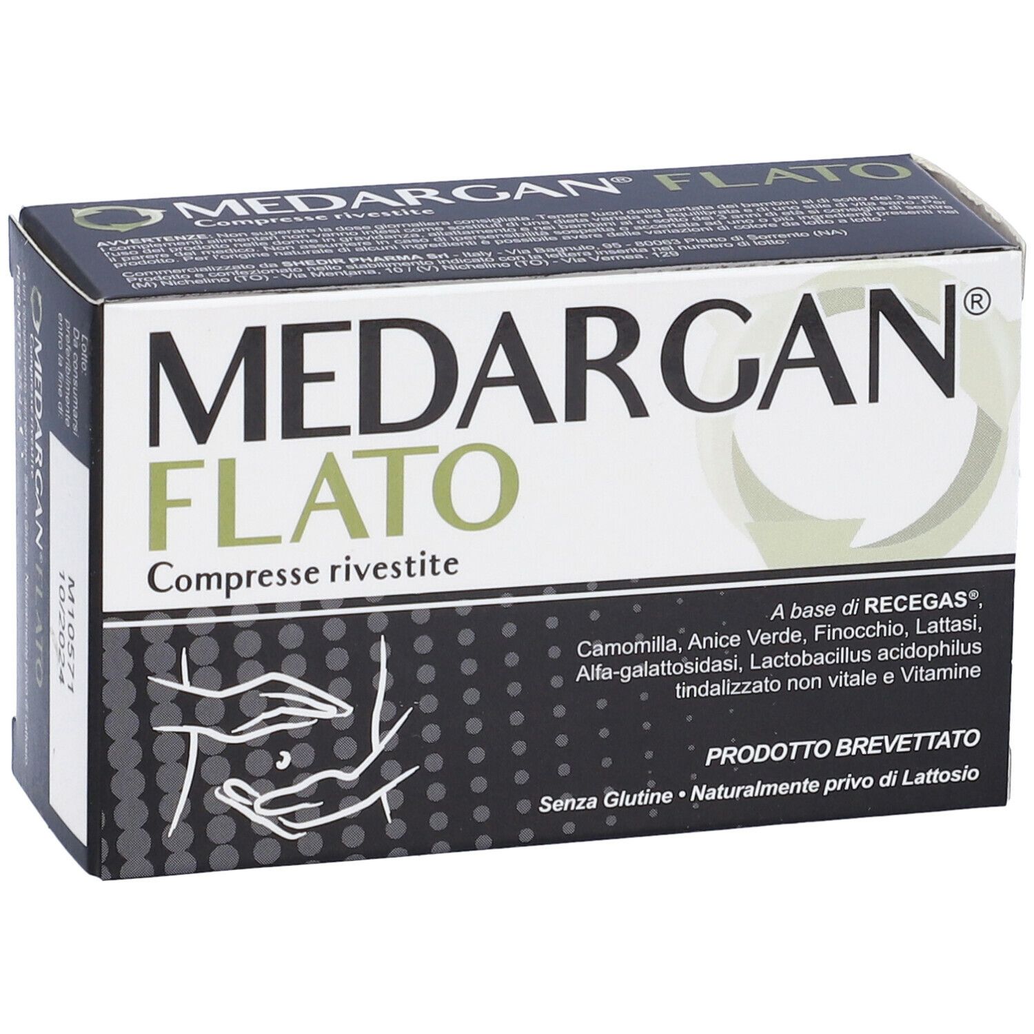 Scatola MEDARGAN FLATO, scritta verde. Illustrazione di un ventre. Testo: Compresse rivestite, PRODOTTO BREVETTATO. Scadenza: 10/2024.
