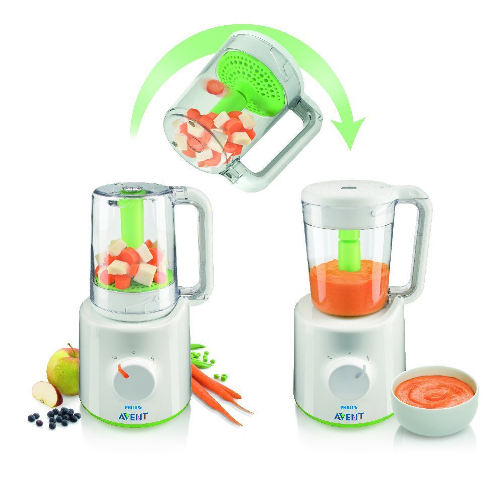 Robot da cucina per bambini. Base bianca, contenitore trasparente, inserto verde. Carote e piselli.