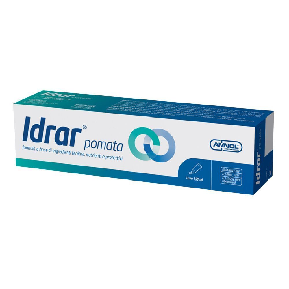 Scatola con nome e logo del prodotto. Confezione blu e bianca. Testo: Idrar pomata.