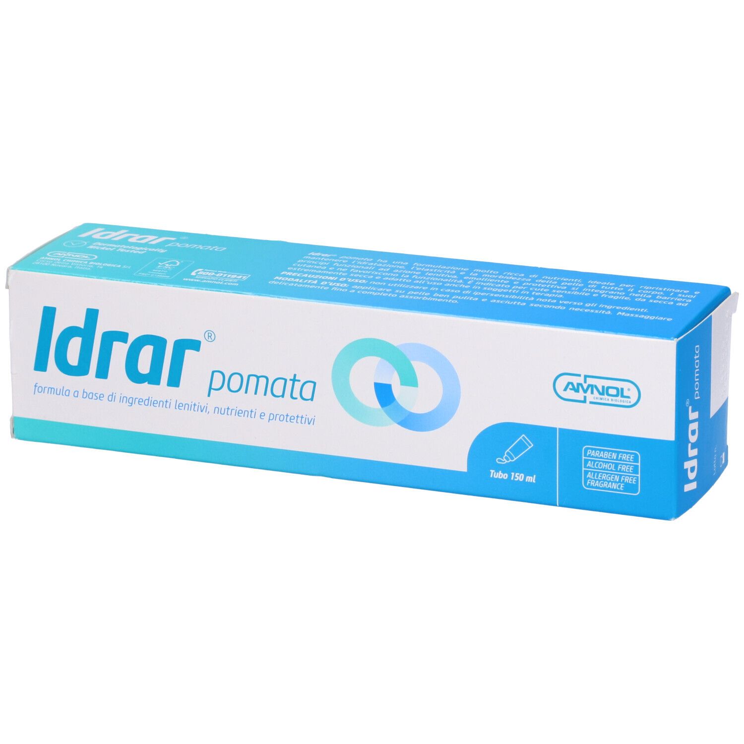 Confezione del prodotto, blu e bianca. Testo: Idrar pomata. Logo e informazioni.