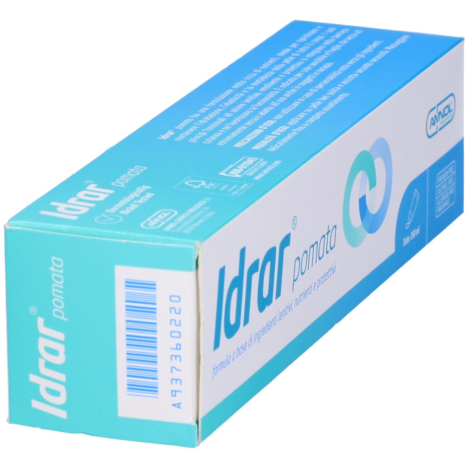 Scatola, in diagonale. Testo: Idrar pomata. Logo e informazioni. Blu e bianco.