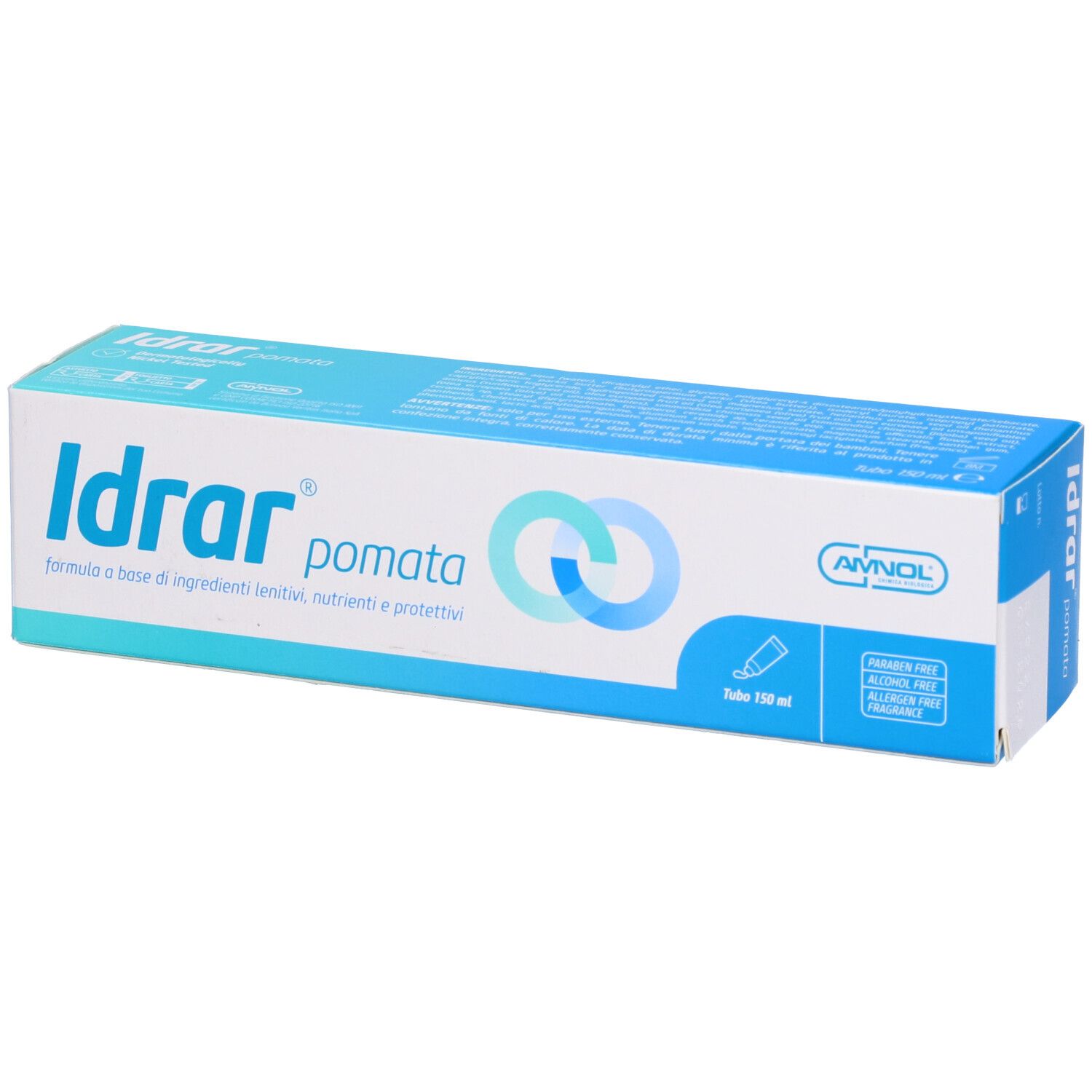 Confezione del prodotto, blu e bianca. Testo: Idrar pomata. Logo e informazioni.