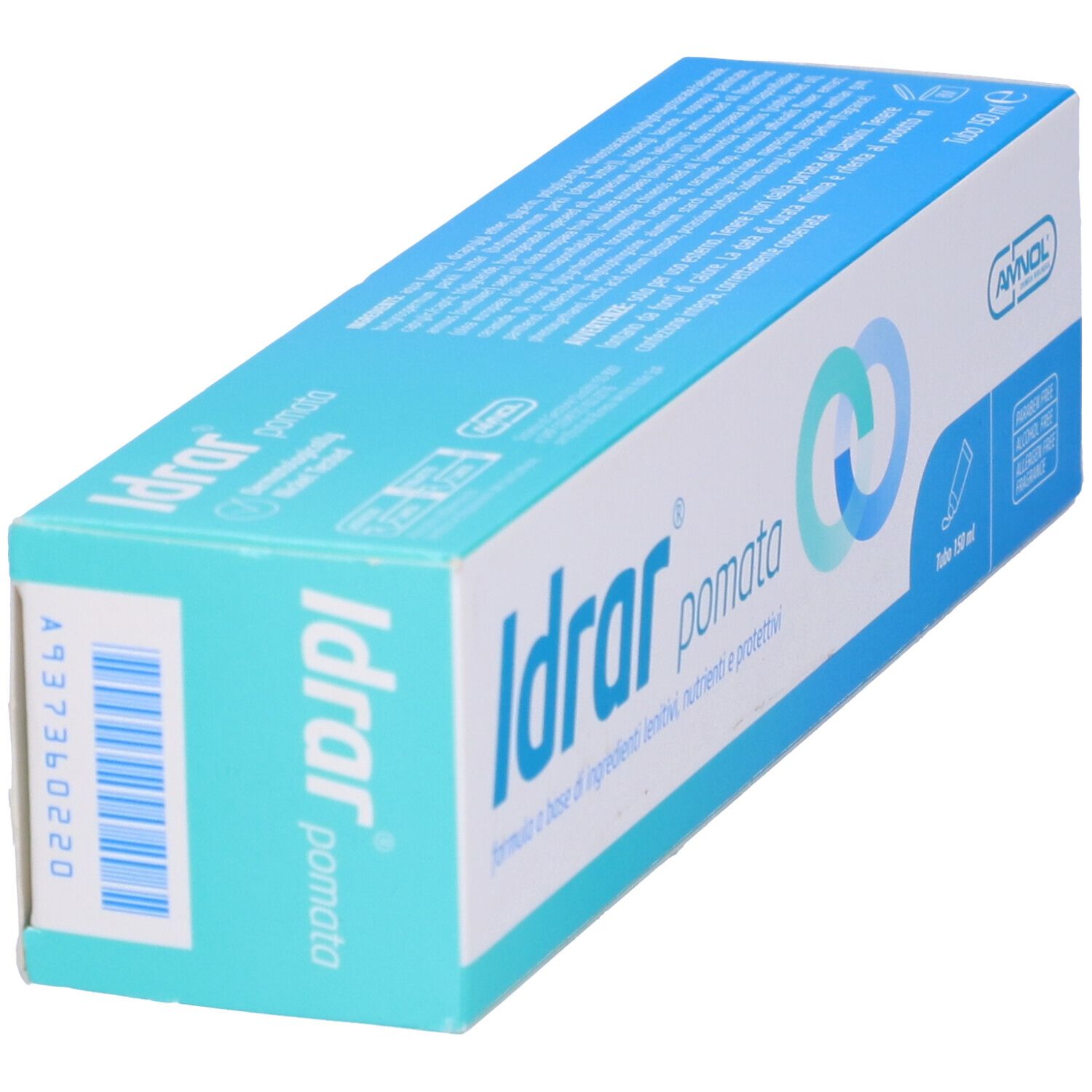 Scatola, in diagonale. Testo: Idrar pomata. Logo e informazioni. Blu e bianco.