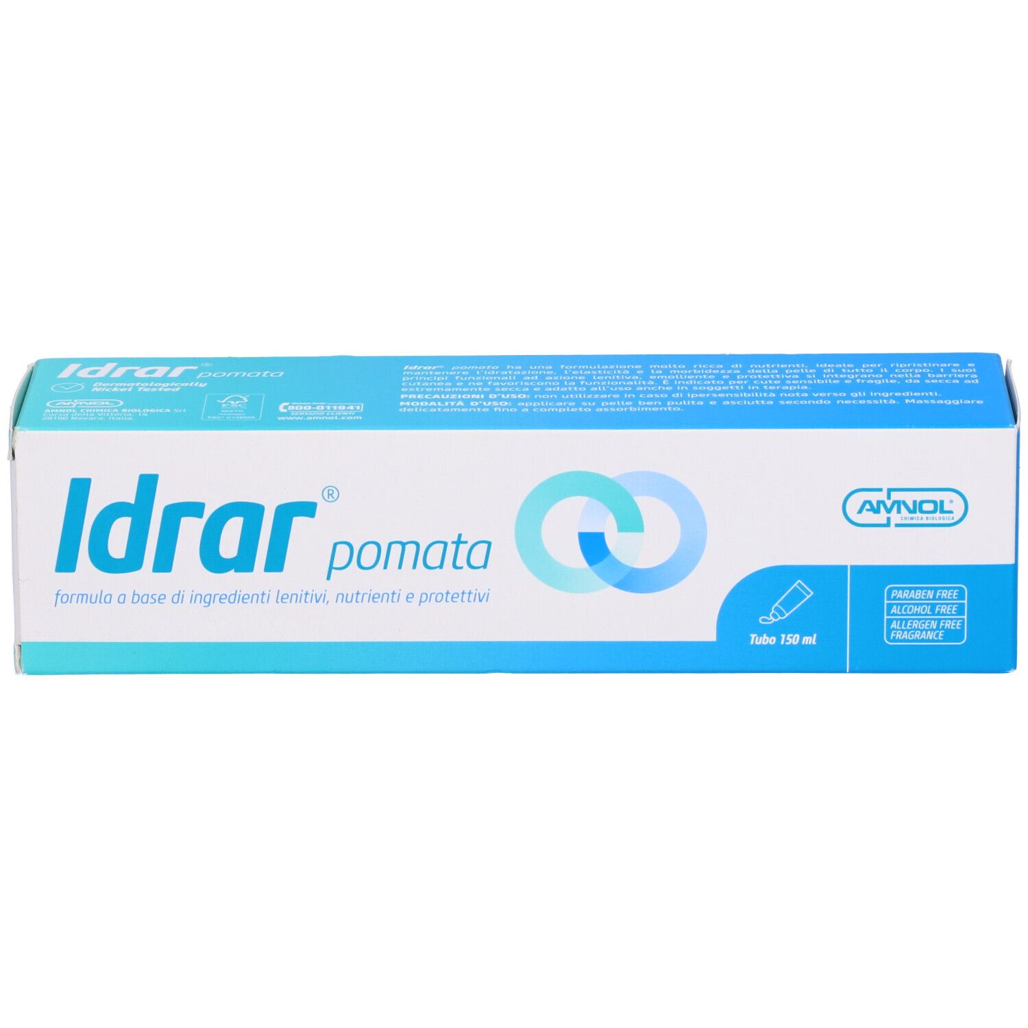Confezione del prodotto, blu e bianca. Testo: Idrar pomata. Logo e informazioni.