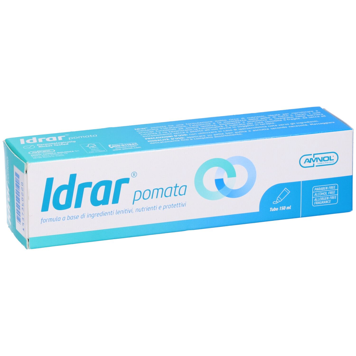 Confezione del prodotto, blu e bianca. Testo: Idrar pomata. Logo e informazioni.