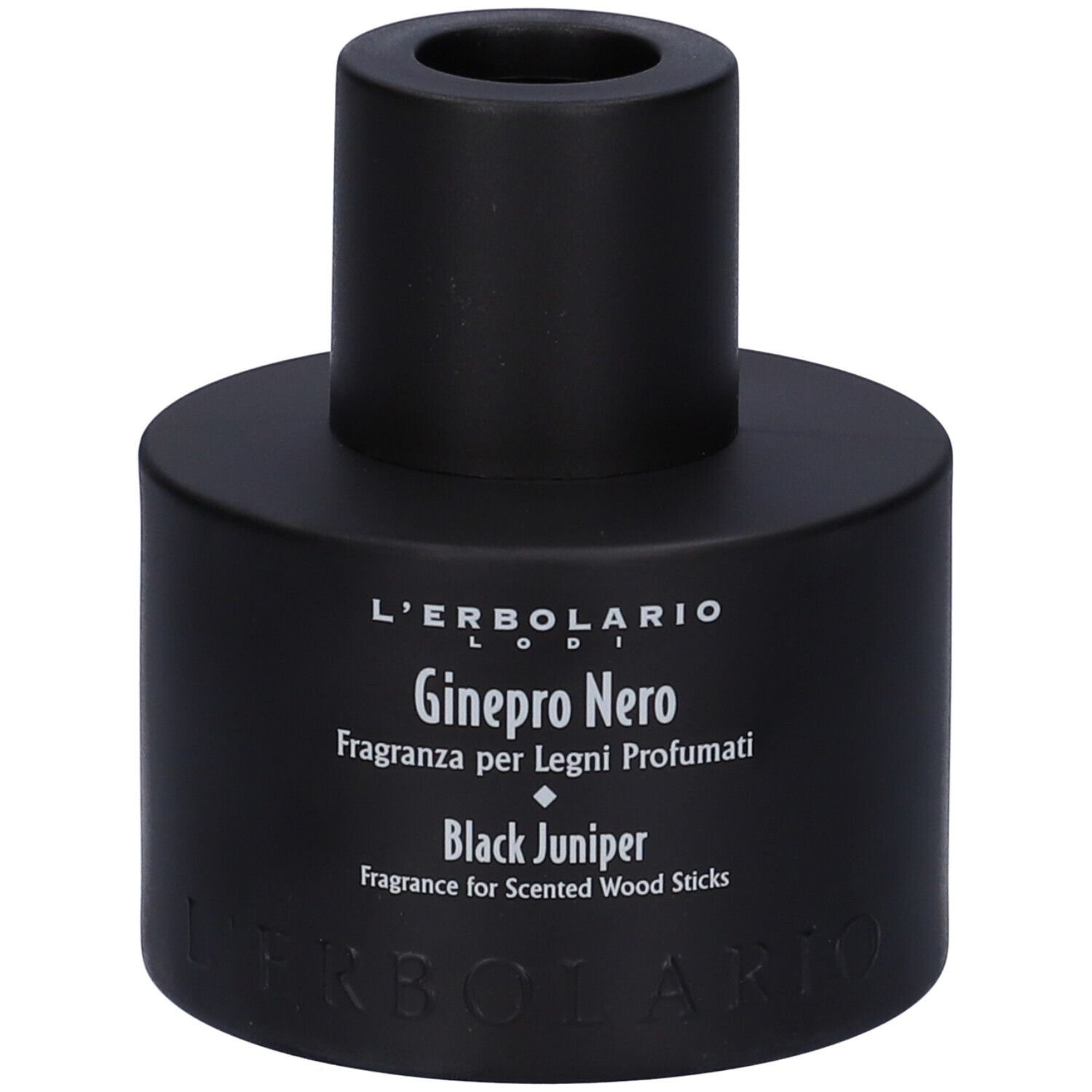 Diffusore nero. Scritta: Ginepro Nero, Fragranza per Legni Profumati, Black Juniper.