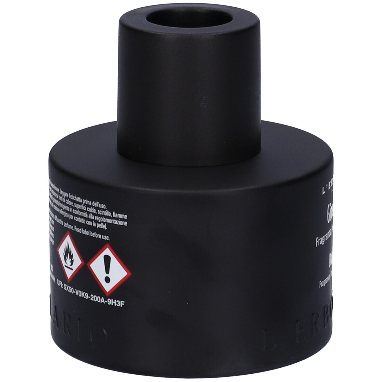 Diffusore nero. Scritta: Ginepro Nero, Fragranza per Legni Profumati, Black Juniper.