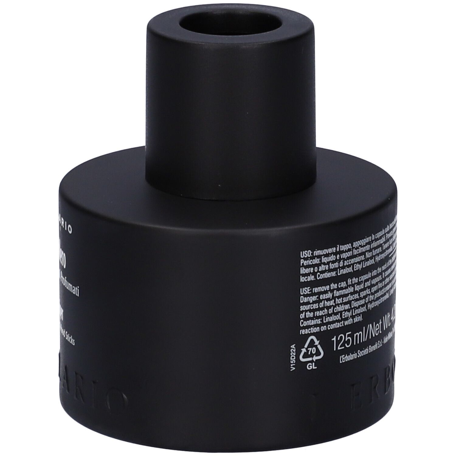 Diffusore nero. Scritta: Ginepro Nero, Fragranza per Legni Profumati, Black Juniper.