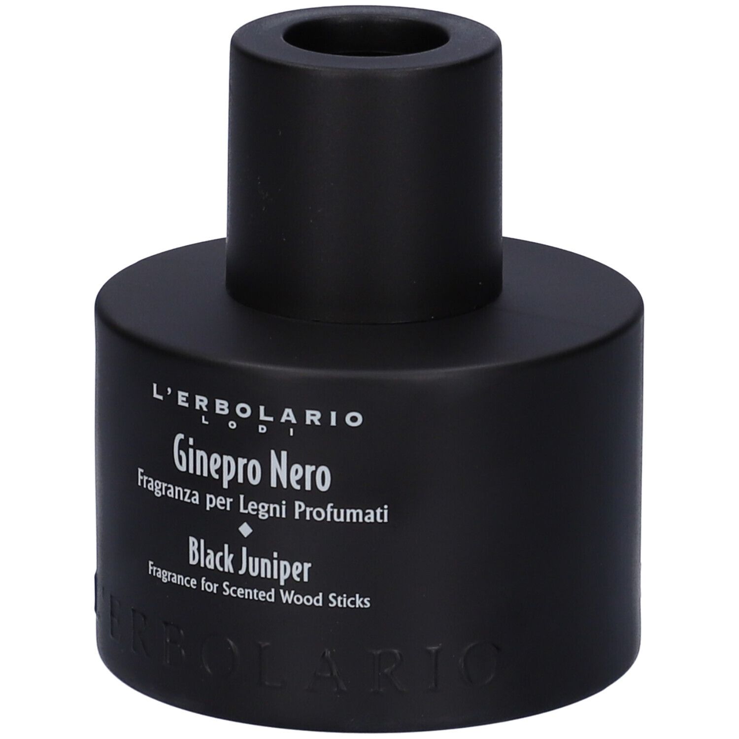 Diffusore nero. Scritta: Ginepro Nero, Fragranza per Legni Profumati, Black Juniper.