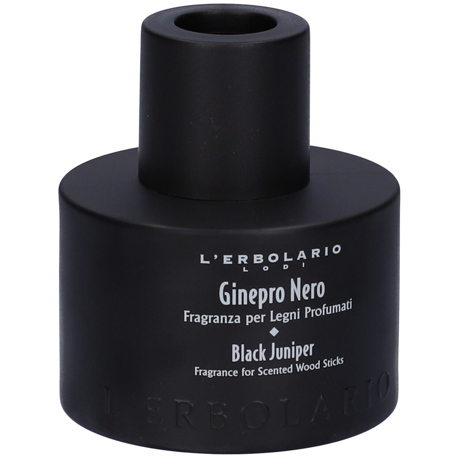 Diffusore nero. Scritta: Ginepro Nero, Fragranza per Legni Profumati, Black Juniper.