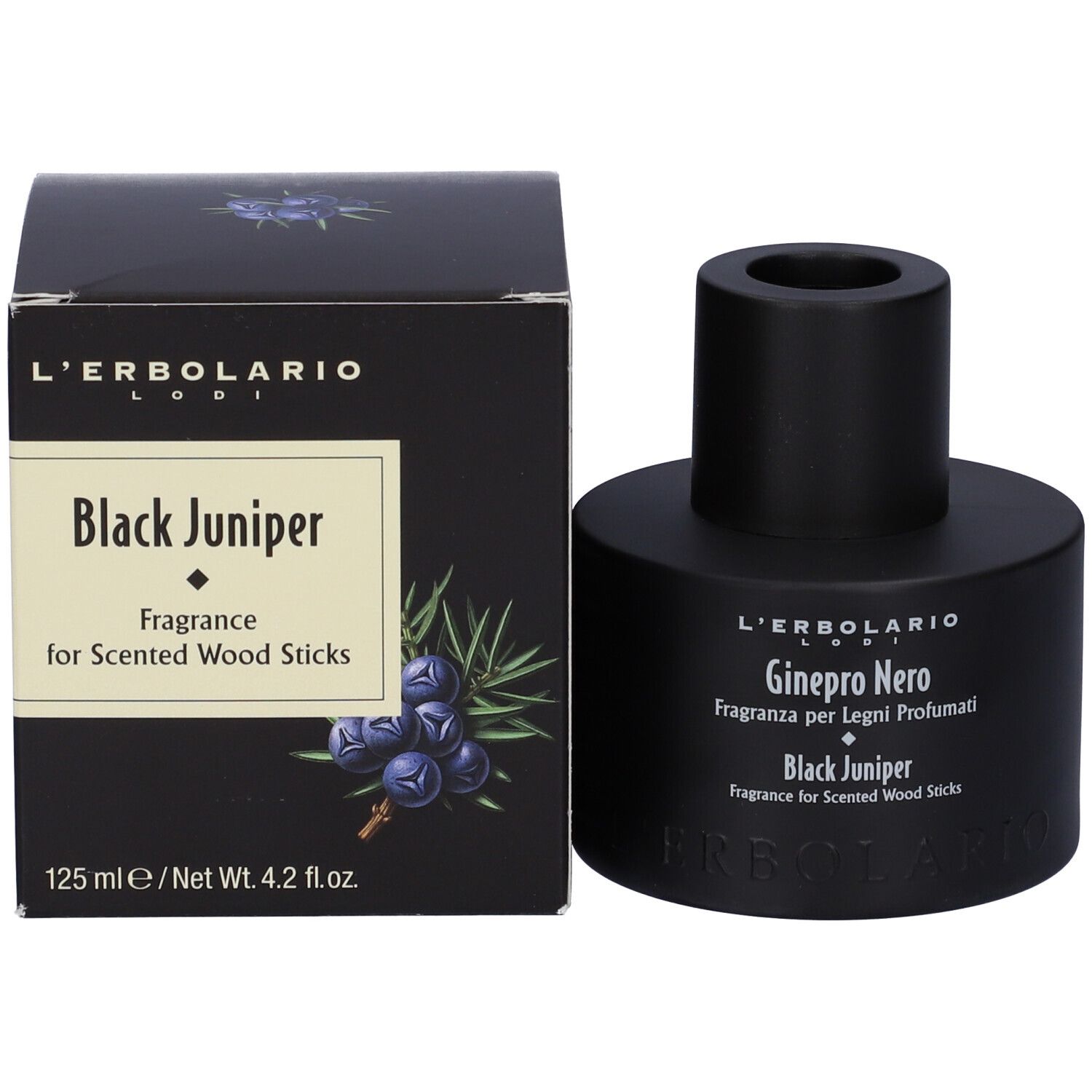 Diffusore nero e confezione. Scritta: Black Juniper, Fragrance for Scented Wood Sticks.
