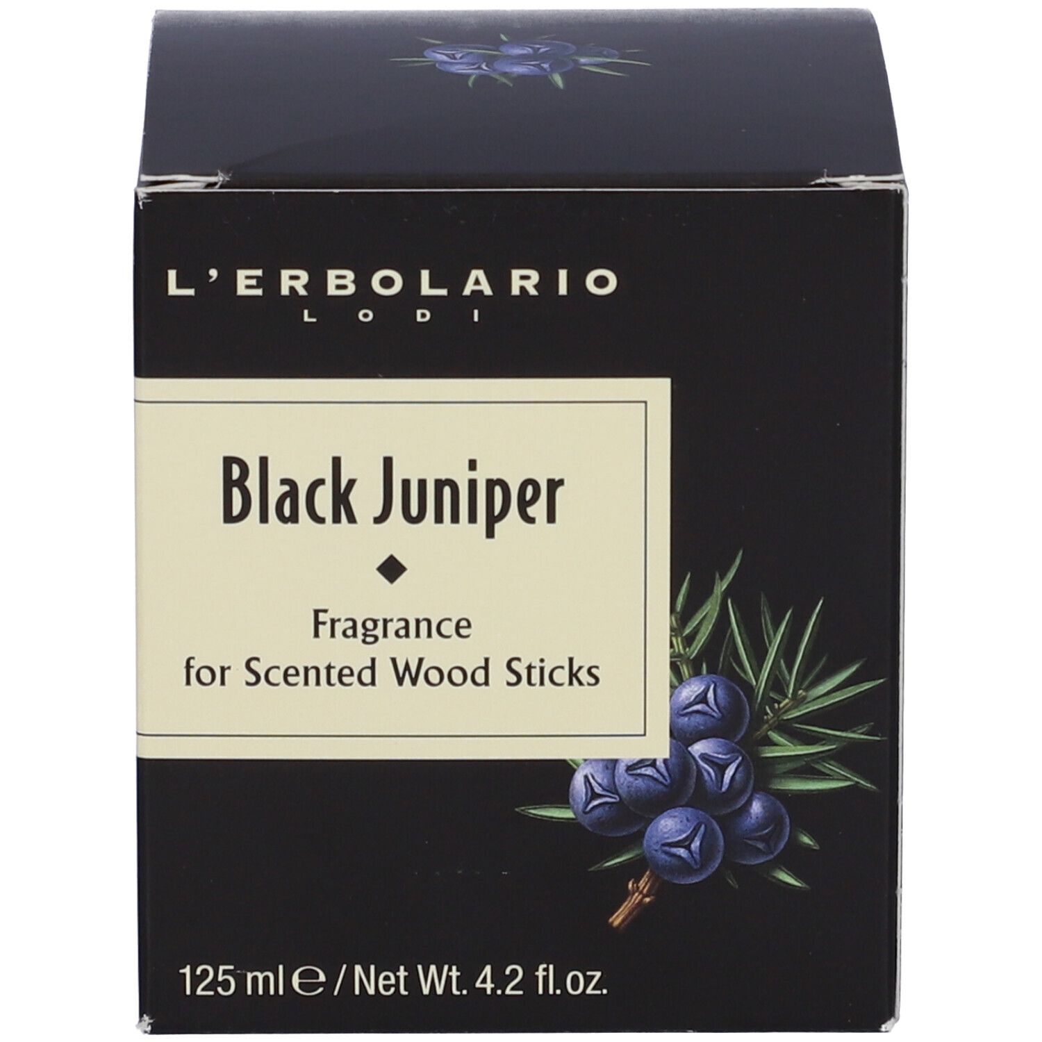 Confezione nera. Scritta: Black Juniper, Fragrance for Scented Wood Sticks, 125 ml.