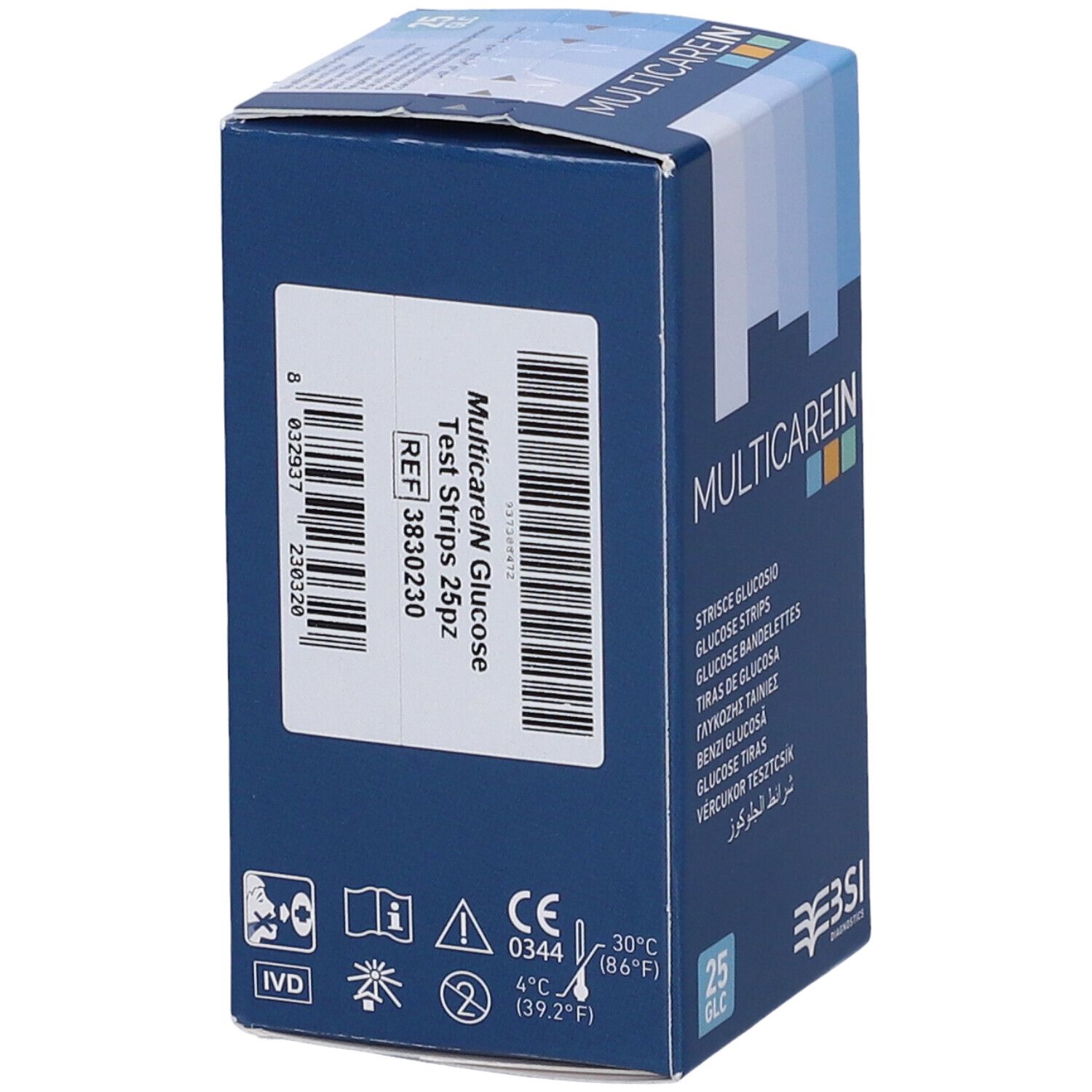 Packung mit 25 MulticareIN Glukosestreifen.