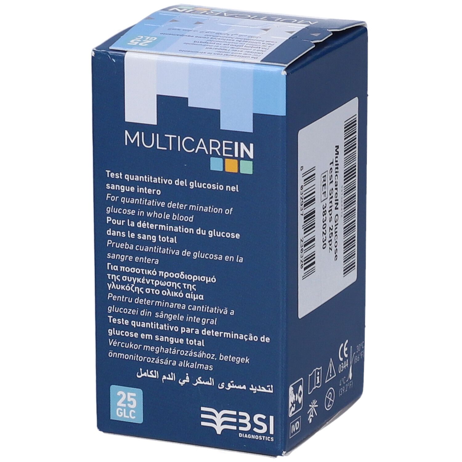 Packung mit 25 MulticareIN Glukosestreifen.