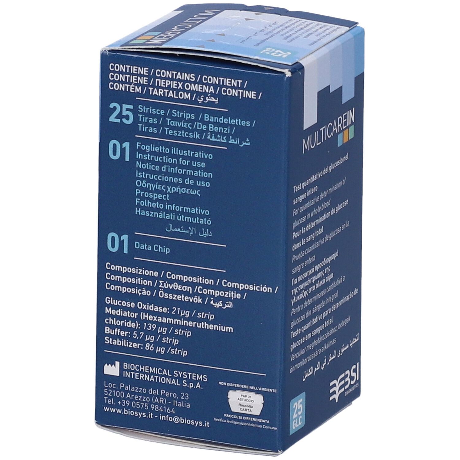 Packung mit 25 MulticareIN Glukosestreifen.