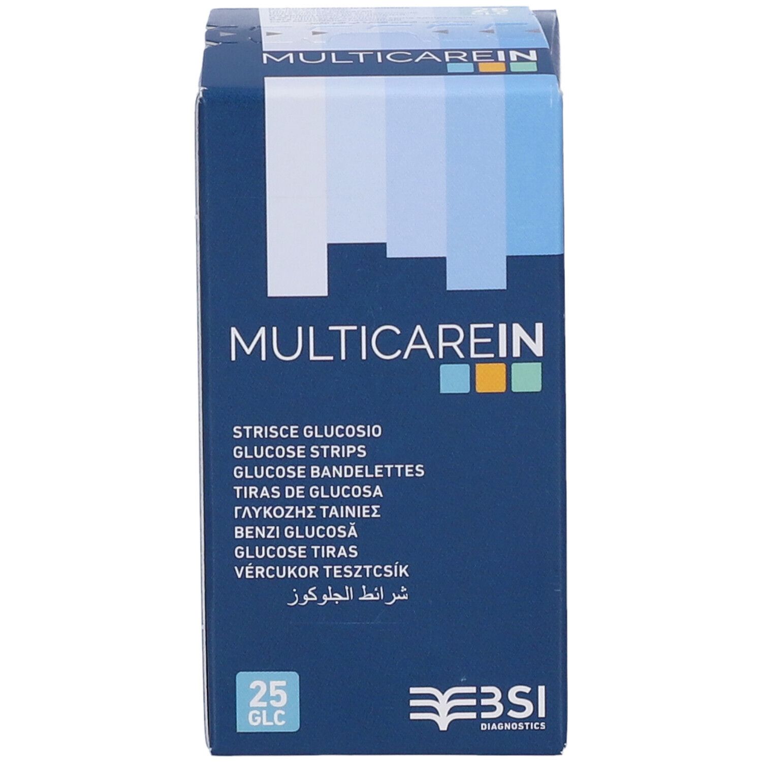 Packung mit 25 MulticareIN Glukosestreifen.