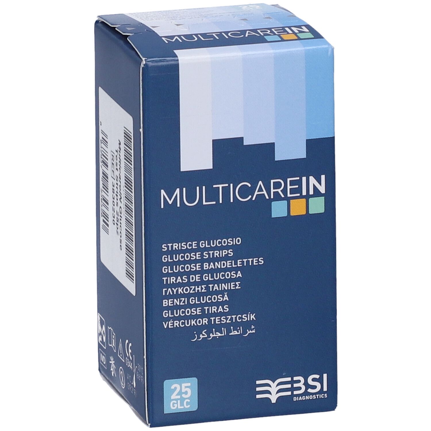 Packung mit 25 MulticareIN Glukosestreifen.
