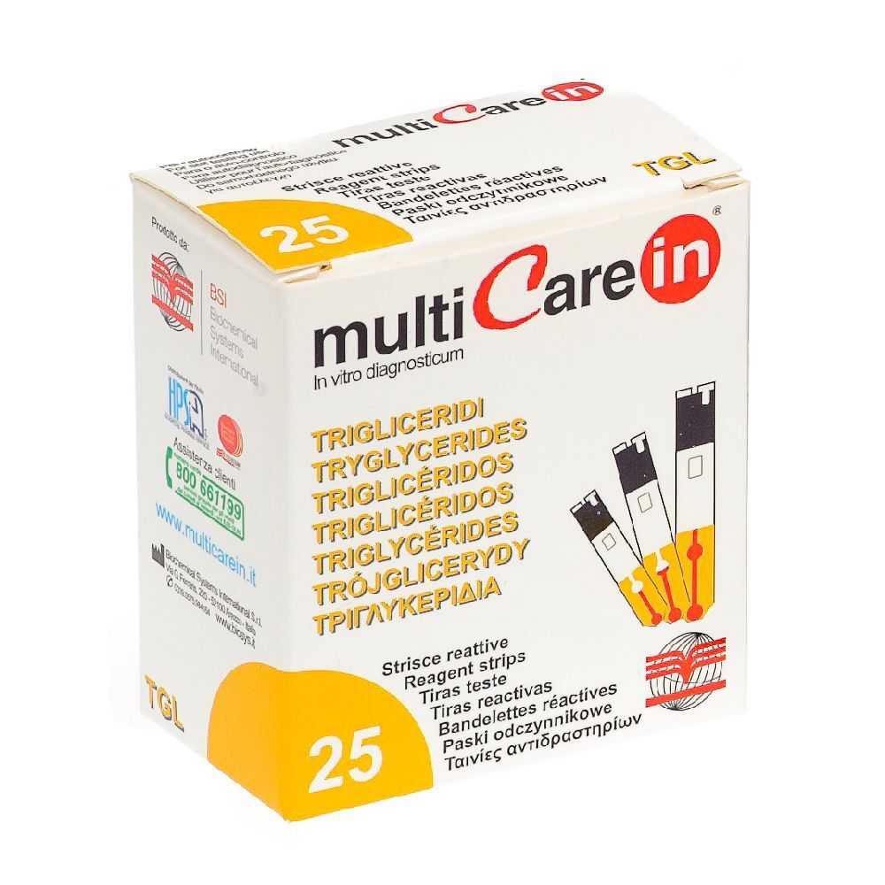 Confezione di strisce reattive. Scritta: multi Care in, 25 pezzi. Scritte multilingue: Trigliceridi, Reagent strips.