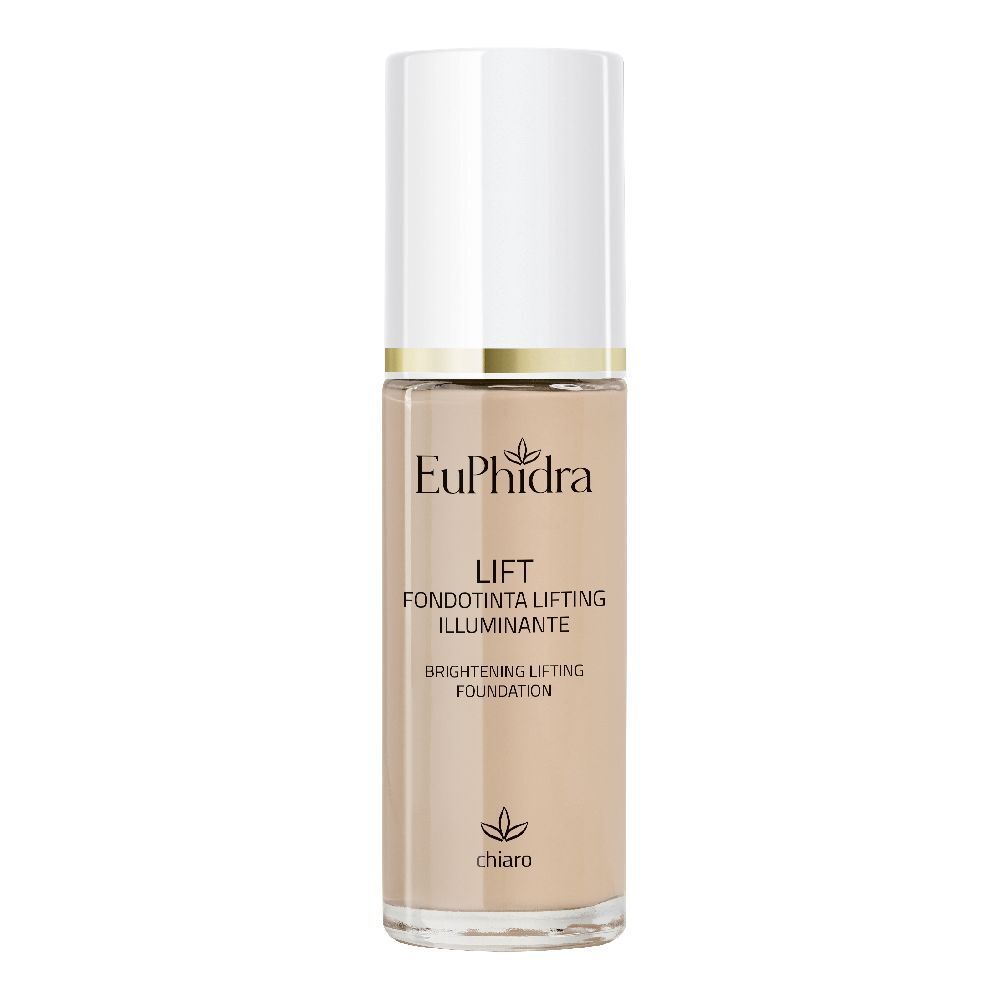 Flacone di fondotinta liquido beige con tappo bianco. Scritte: Euphidra, Lift, Fondotinta Lifting Illuminante, Brightening Lifting Foundation.
