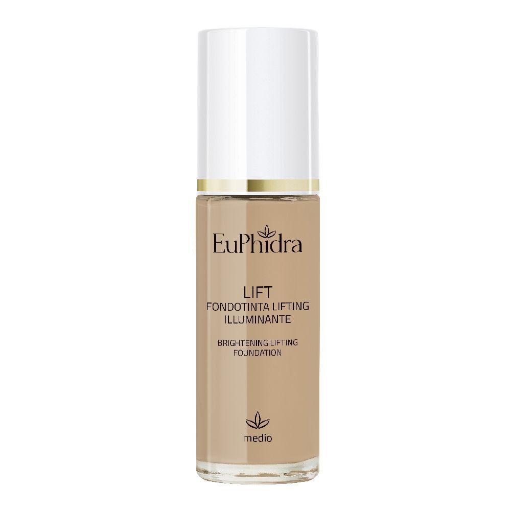 Flacone di fondotinta liquido con tappo bianco. Scritte: Euphidra, Lift, Fondotinta Lifting Illuminante, Medio.