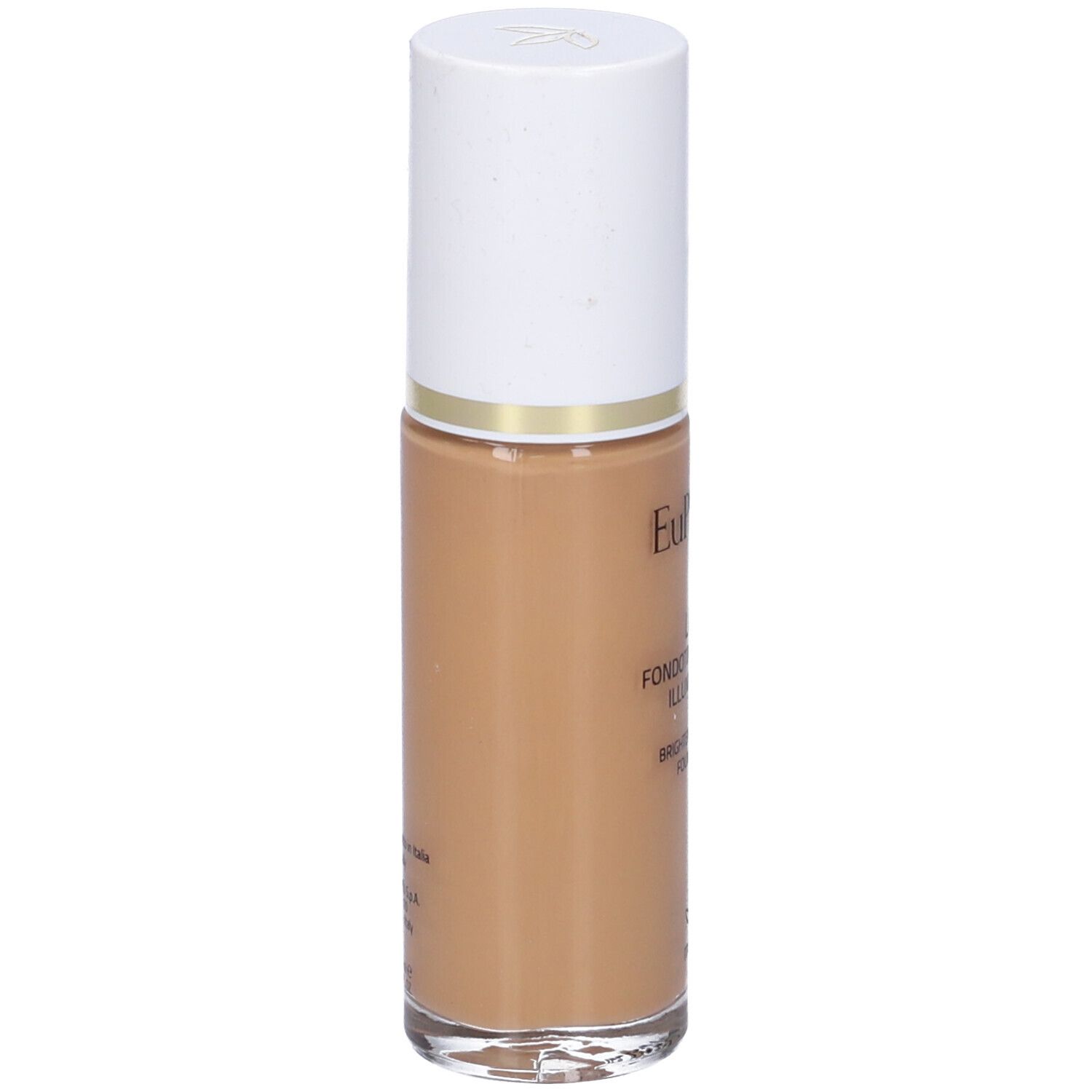 Flacone di fondotinta liquido con tappo bianco. Scritte: Euphidra, Lift, Fondotinta Lifting Illuminante, Medio.
