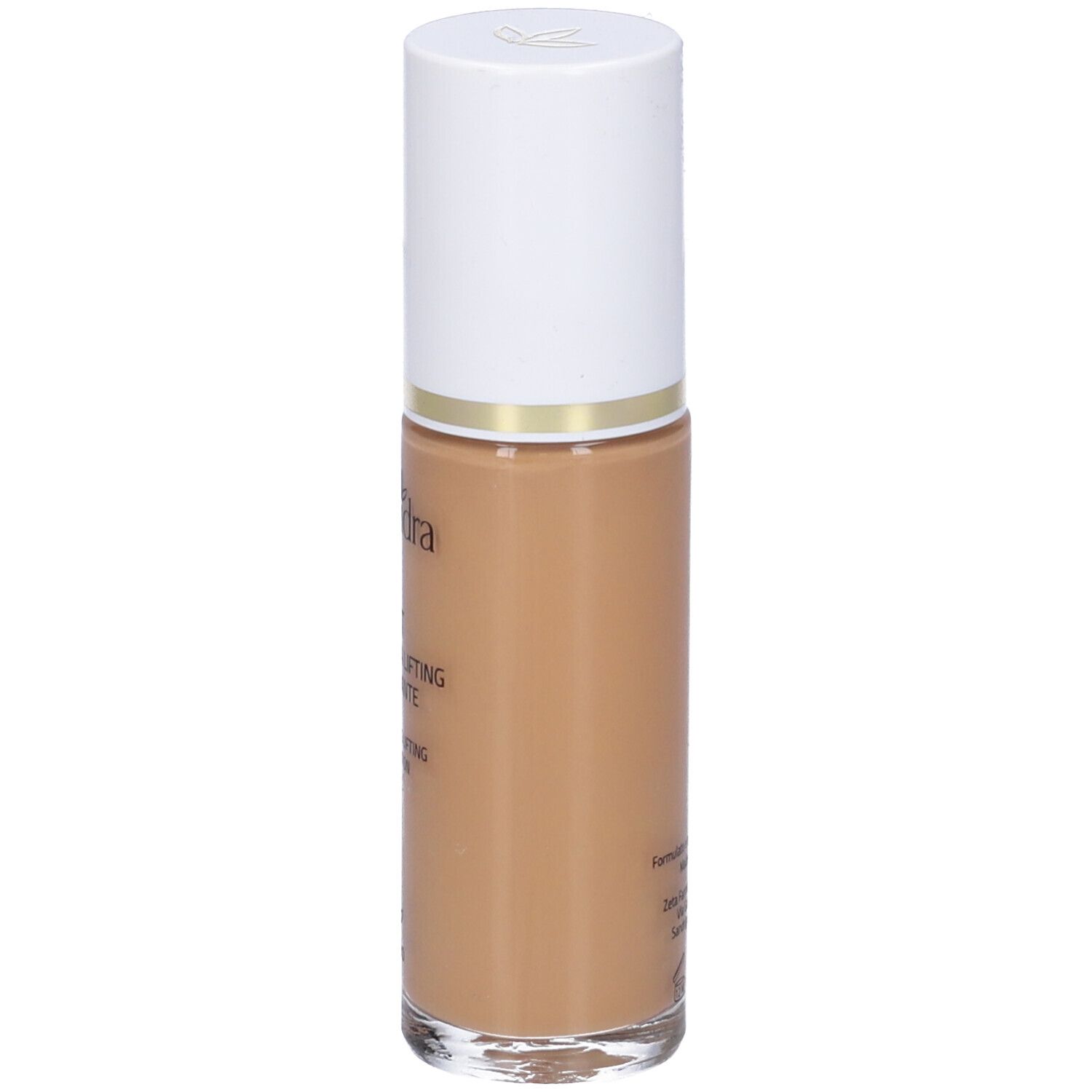 Flacone di fondotinta liquido con tappo bianco. Scritte: Euphidra, Lift, Fondotinta Lifting Illuminante, Medio.