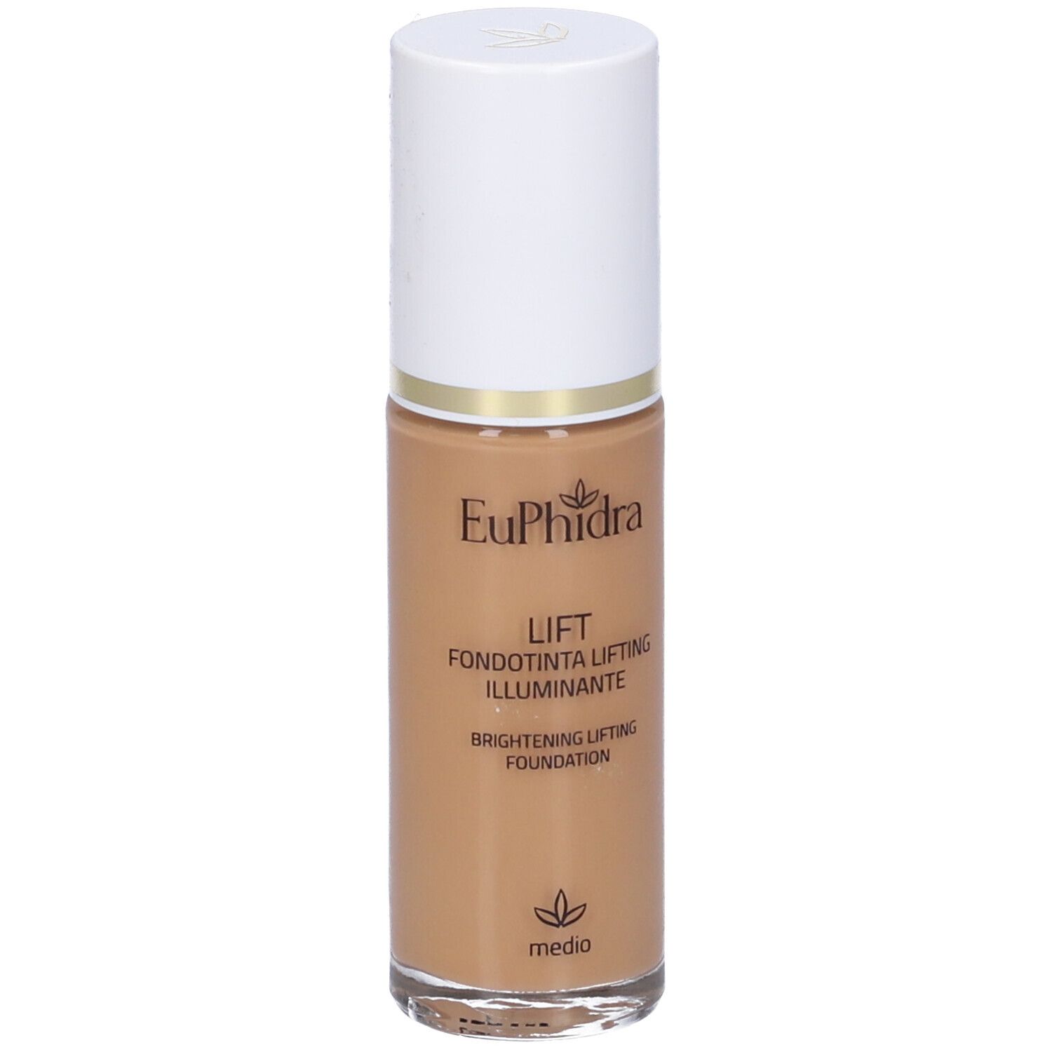 Flacone di fondotinta liquido con tappo bianco. Scritte: Euphidra, Lift, Fondotinta Lifting Illuminante, Medio.