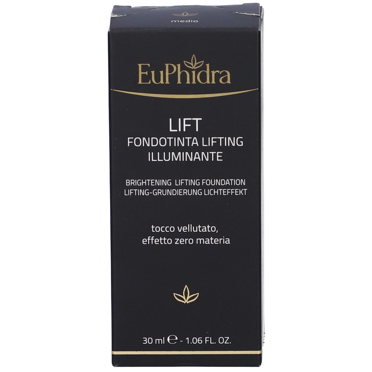 Confezione nera con flacone di trucco. Scritte: Euphidra, Lift, Fondotinta Lifting Illuminante, 30 ml.