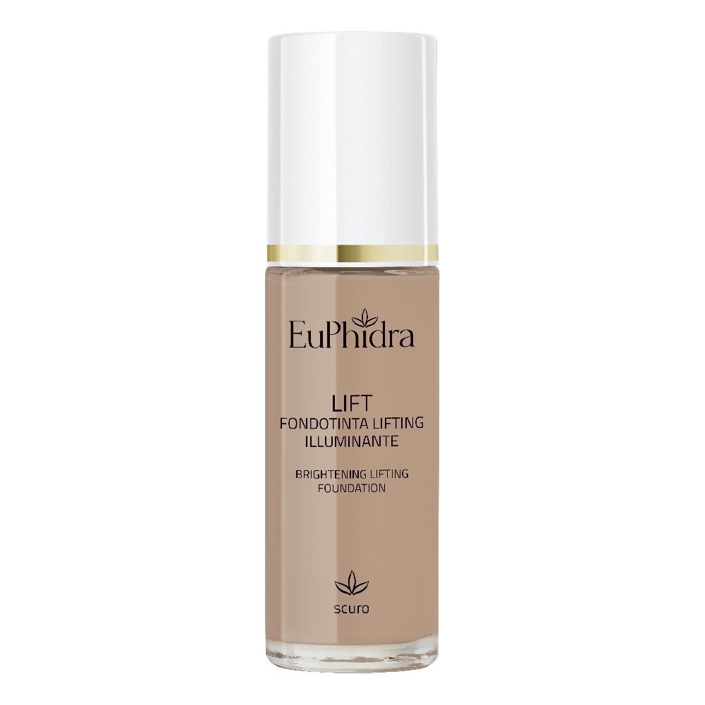 Fondotinta liquido in flacone di vetro con tappo bianco. Scritta: Euphidra, Lift, Fondotinta Lifting Illuminante.