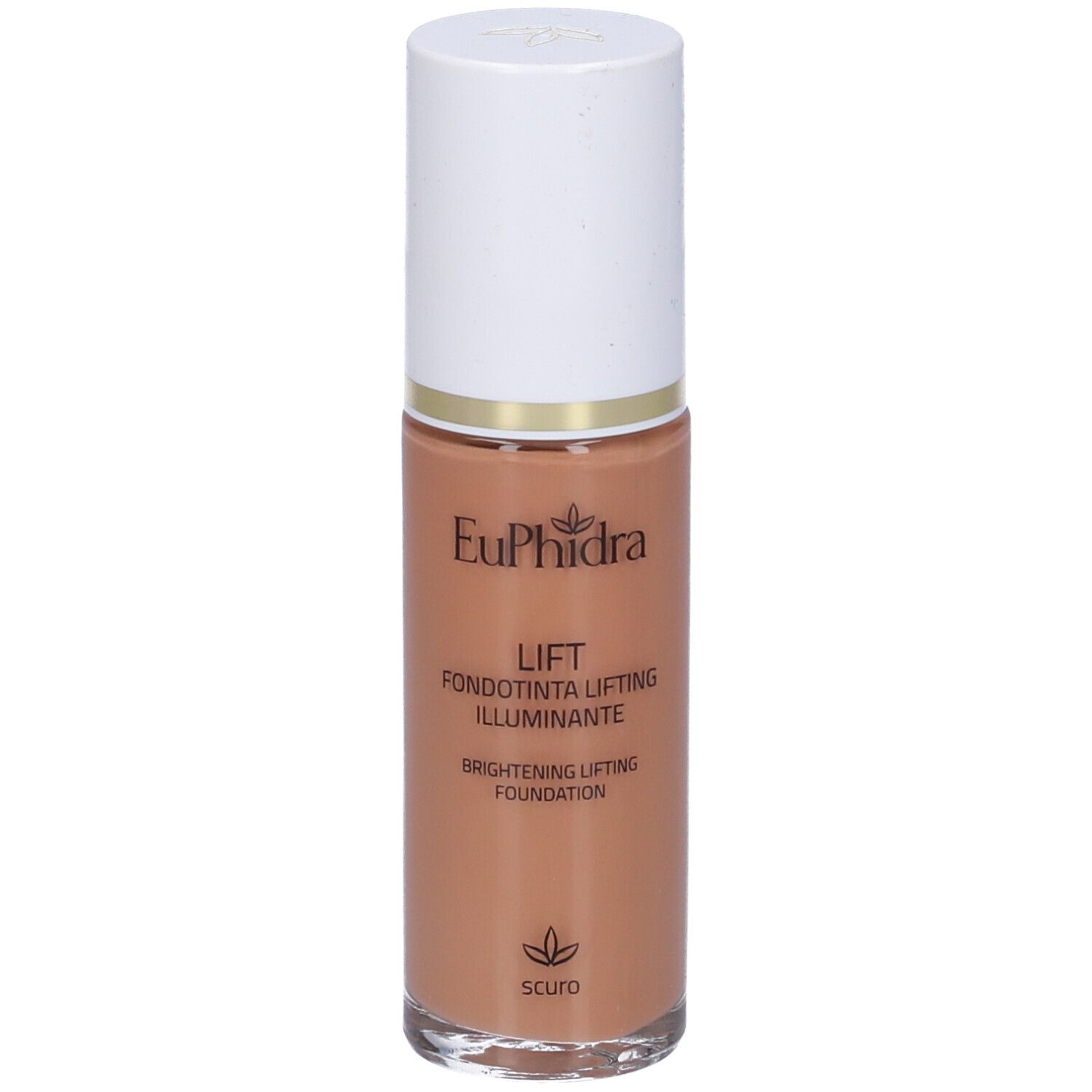 Fondotinta liquido in flacone di vetro con tappo bianco. Scritta: Euphidra, Lift, Fondotinta Lifting Illuminante.