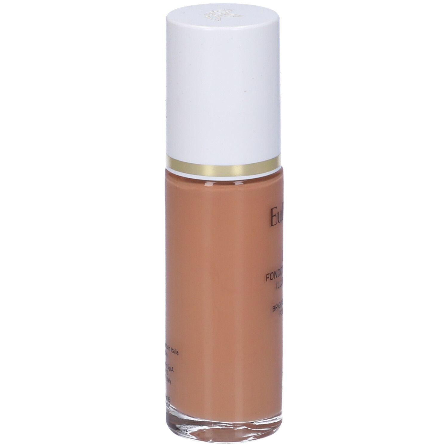 Fondotinta liquido in flacone di vetro con tappo bianco. Scritta: Euphidra, Lift, Fondotinta Lifting Illuminante.