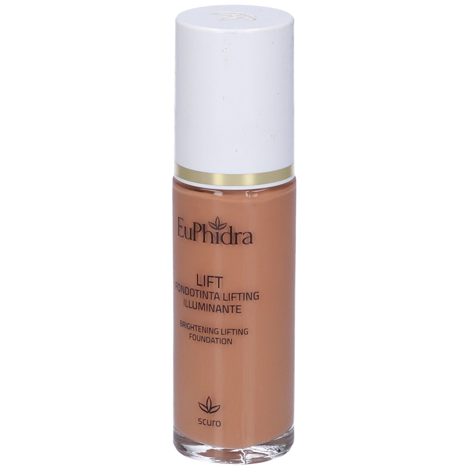 Fondotinta liquido in flacone di vetro con tappo bianco. Scritta: Euphidra, Lift, Fondotinta Lifting Illuminante.