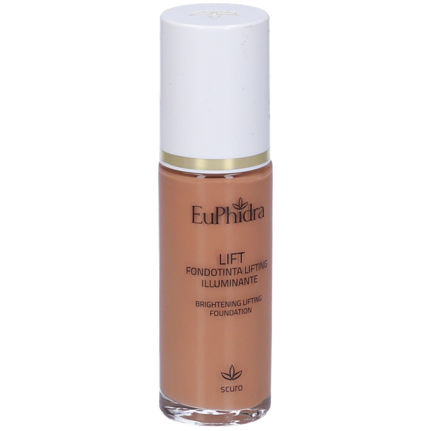 Fondotinta liquido in flacone di vetro con tappo bianco. Scritta: Euphidra, Lift, Fondotinta Lifting Illuminante.