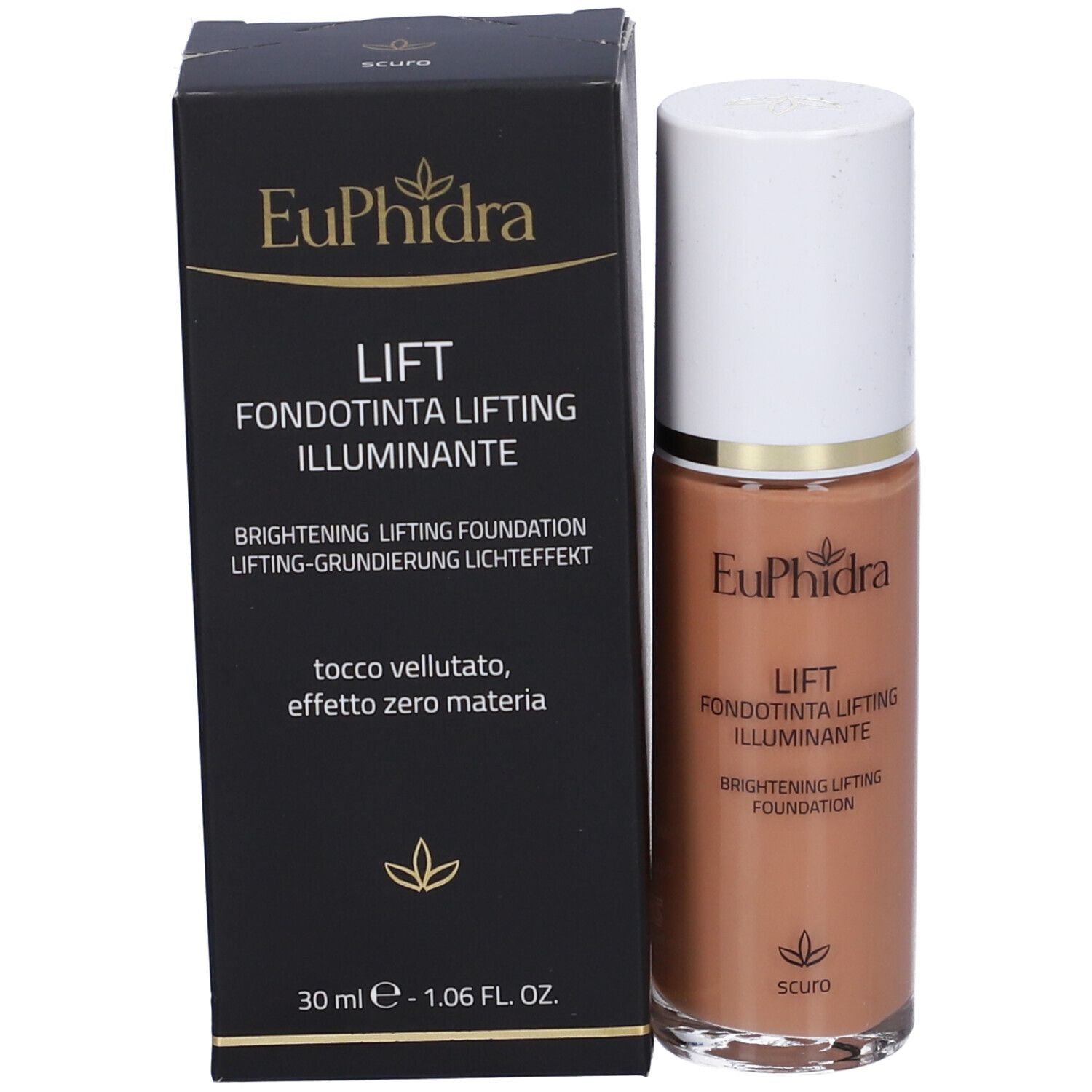 Fondotinta in flacone e confezione. Scritta: Euphidra, Lift, Fondotinta Lifting Illuminante. 30 ml.