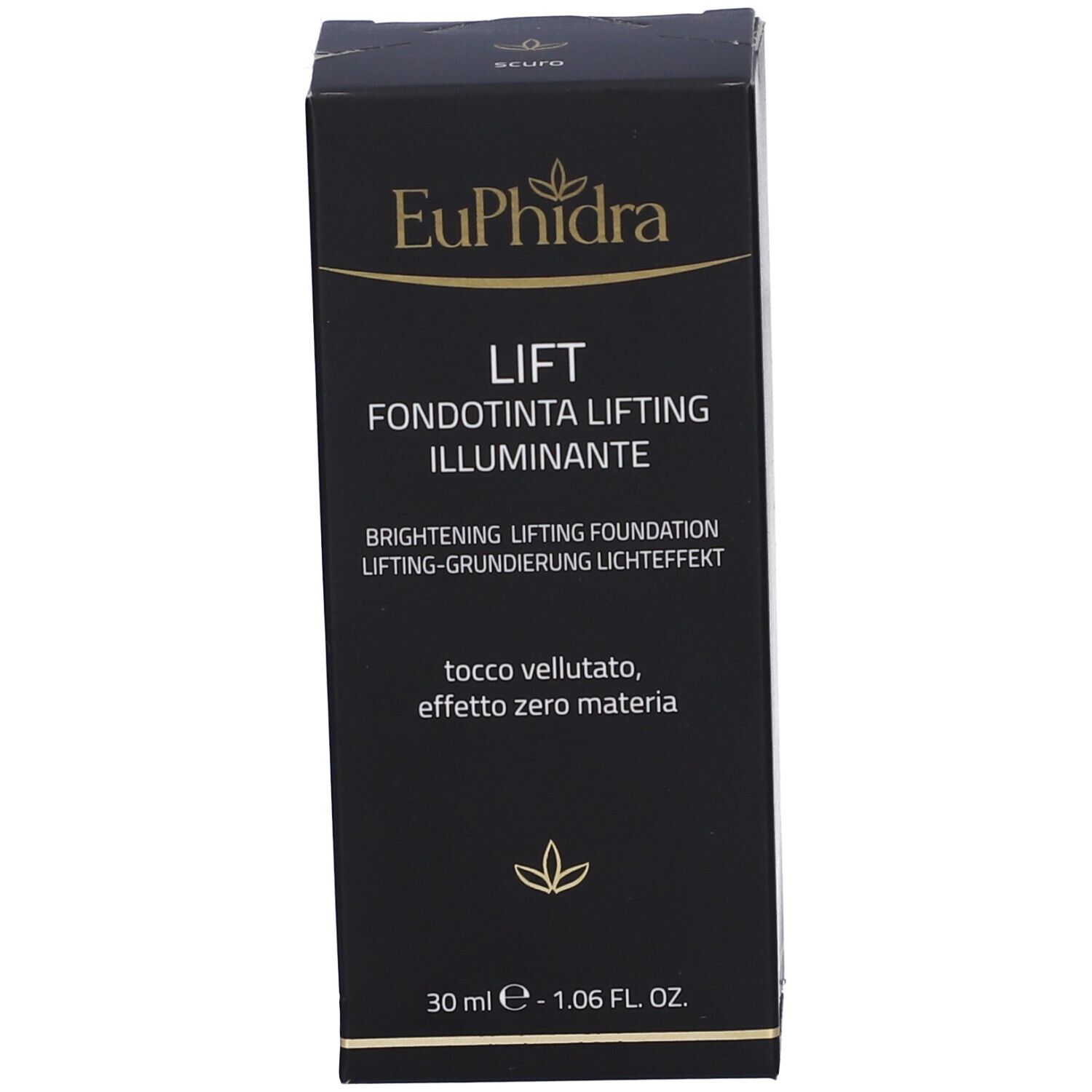 Confezione nera con scritta: Euphidra, Lift, Fondotinta Lifting Illuminante. 30 ml.