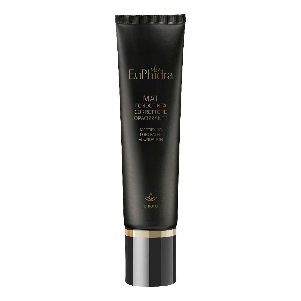 Tubo nero con testo. In alto "Euphidra", sotto "Mat Fondotinta Correttore Opacizzante". Base dorata e tappo nero.